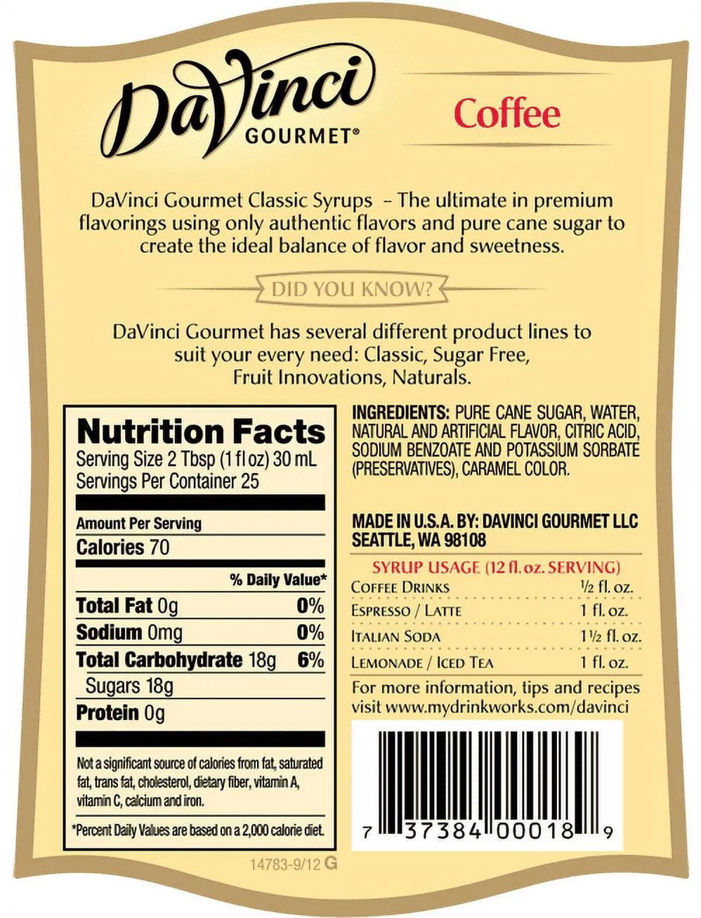 Vinci Syrup, (Glass) Coffee, 750 Classic Da mL