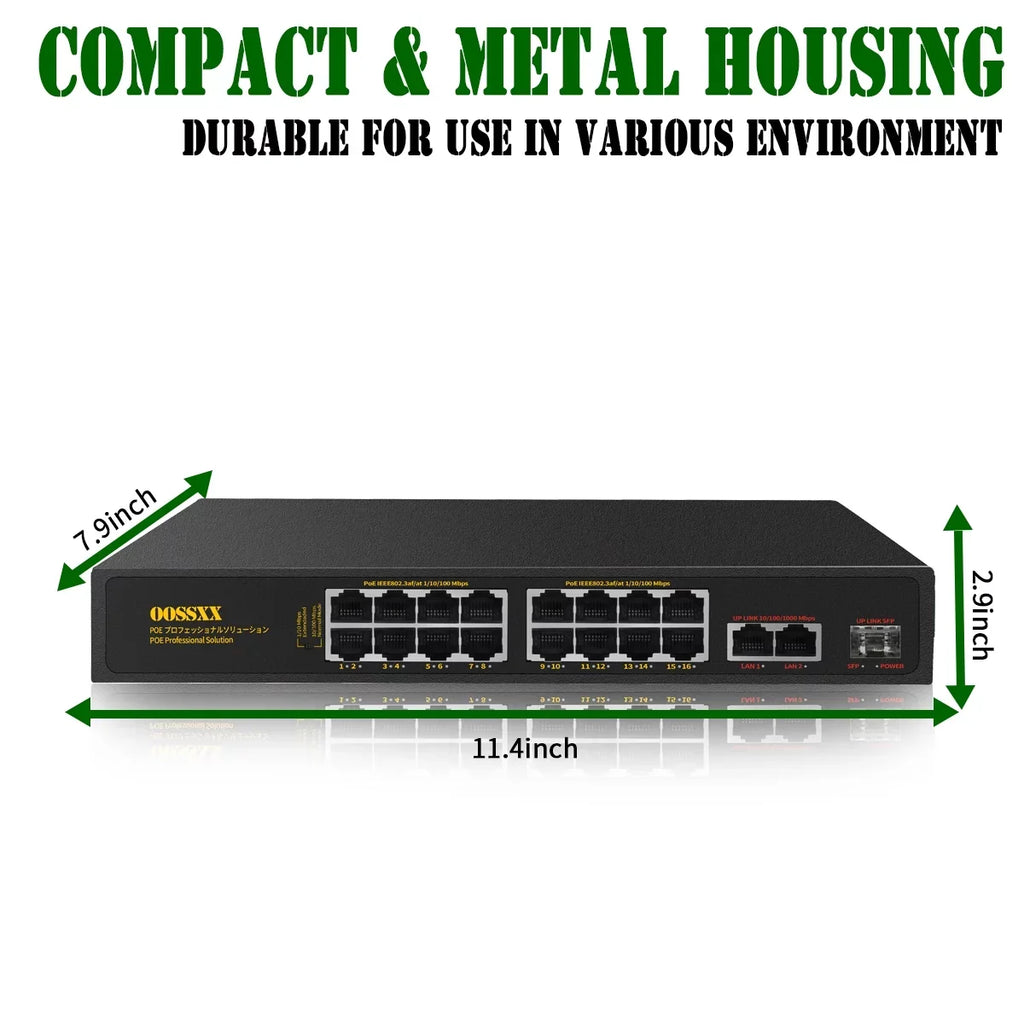 exterior Powered Networking Unmanaged Internet POE Switches Up-link/1 Fiber Computer SFP) Hub PoE+/2 Ethernet Network Gig Port Switch, Router, Extender Port Passthrough Power 16 (16