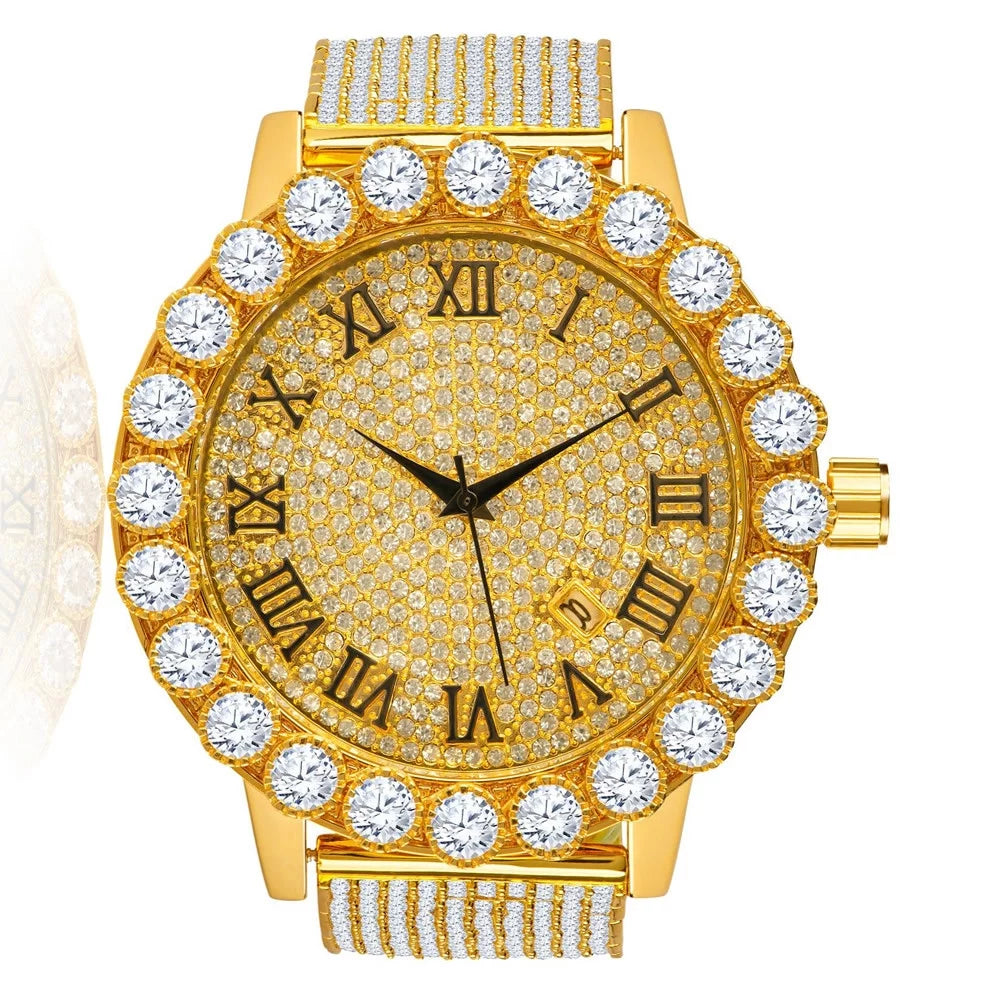 Stainless W/Date Iced Row Men's Out Bezel 10 Back Diamond Roman Yellow lab 18K Band Custom Solitaire Finish Khronos Dial Watch Steel Gold