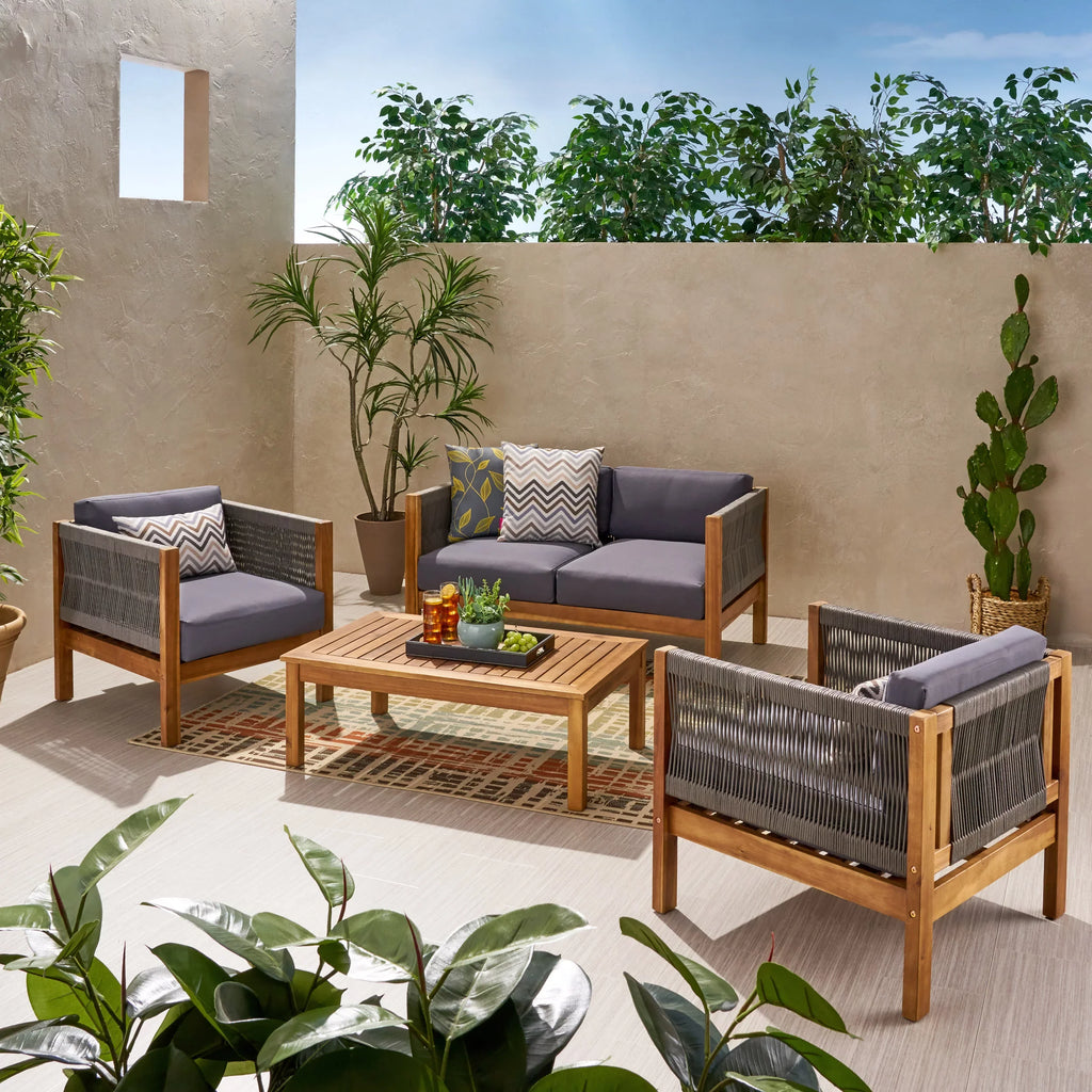 Outdoor Wood Acacia Rope Charlotte with Studio and 4 and Chat Seater Cushions, Set Teak Gray
