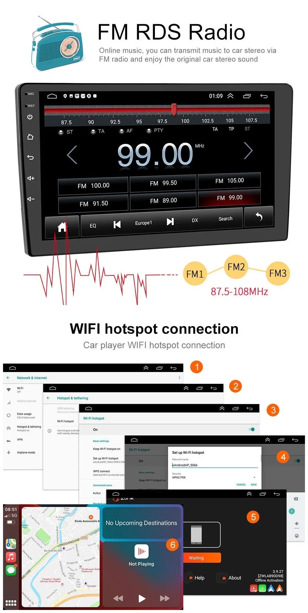 Backup Carplay Wireless WiFi Double Auto Screen 1280*720 9" 2+32GB Camera Navigation Android Android Car Stereo Bluetooth Radio / Receiver Din