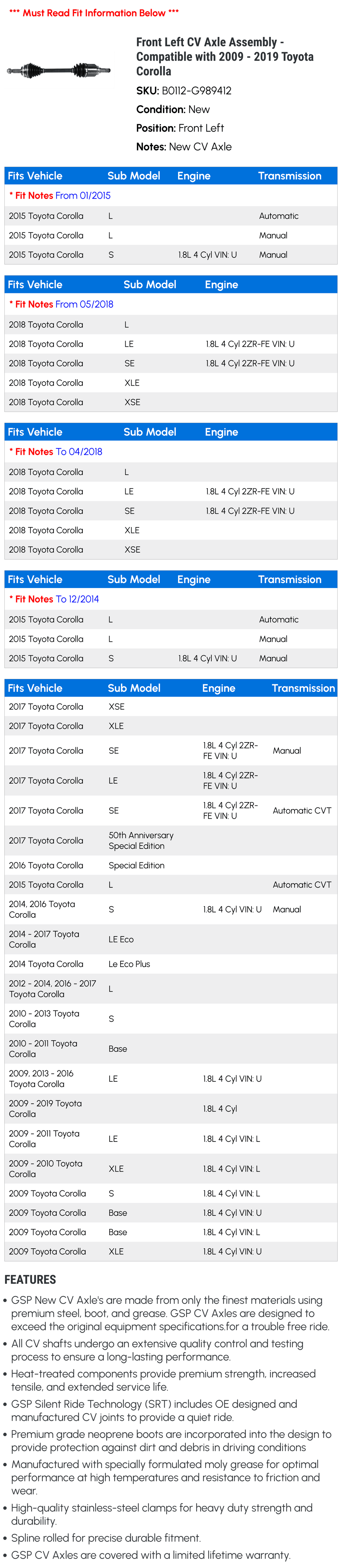 2019 Axle 2010 Assembly 2009 2013 2011 Fits 2014 with 2016 Left Front - 2012 2017 Corolla 2018 - Toyota 2015
