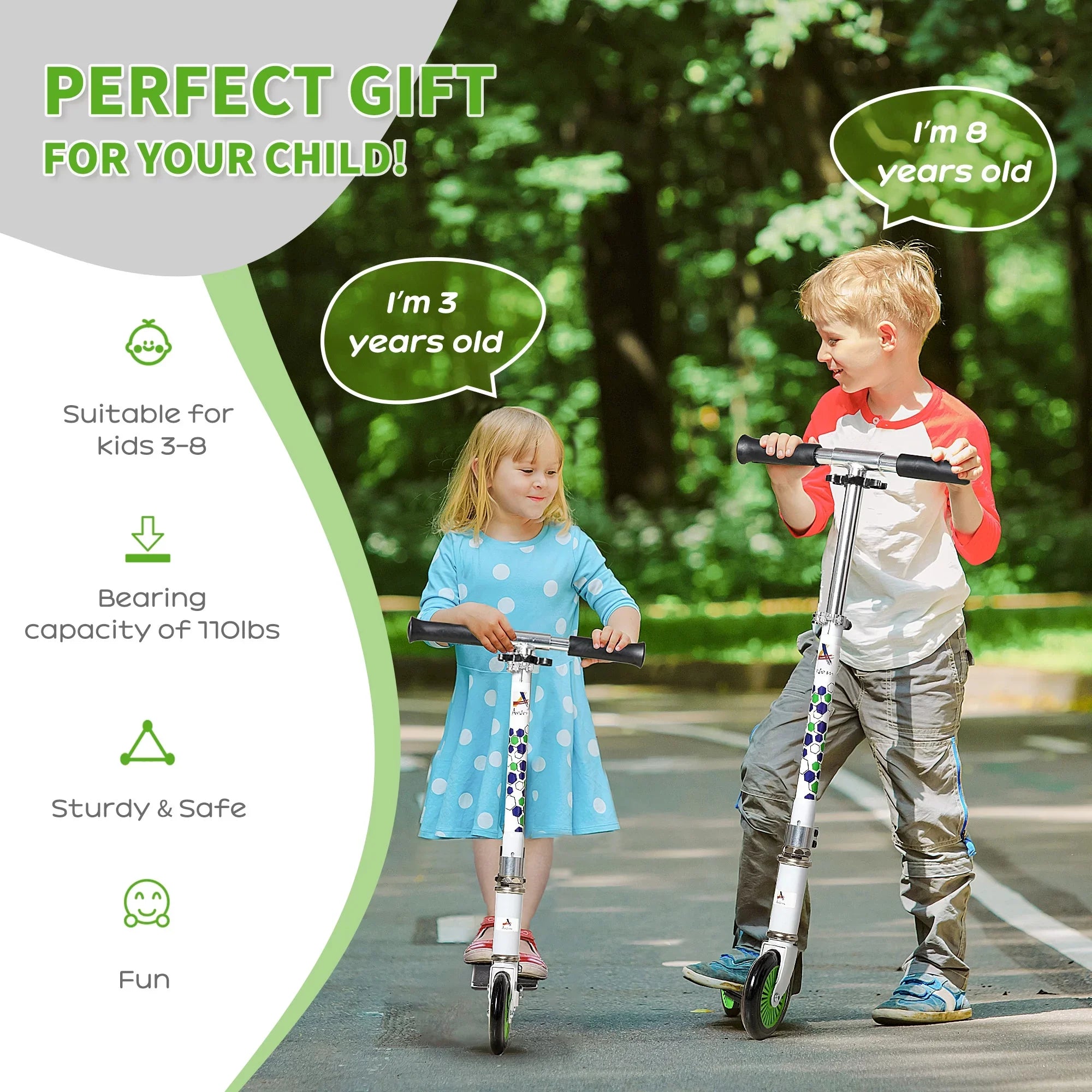 One-click Push Aosom Scooter Folding Handlebar, Kick w/ Kickstand, System, Girls, and & Adjustable with for Kids Boys Rider Dual Brake Durable Bearings, White Wheels Sturdy