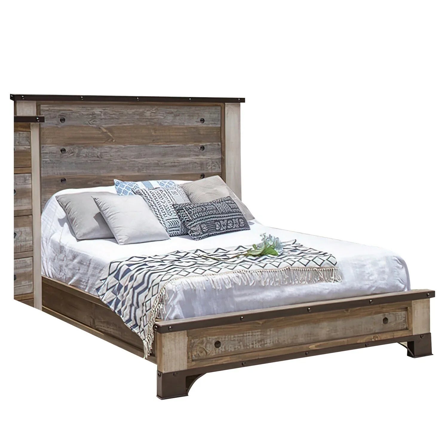 Round Fena Size Wood Black King Distressed Brown Bed, Multicolor Nailheads, Benjara
