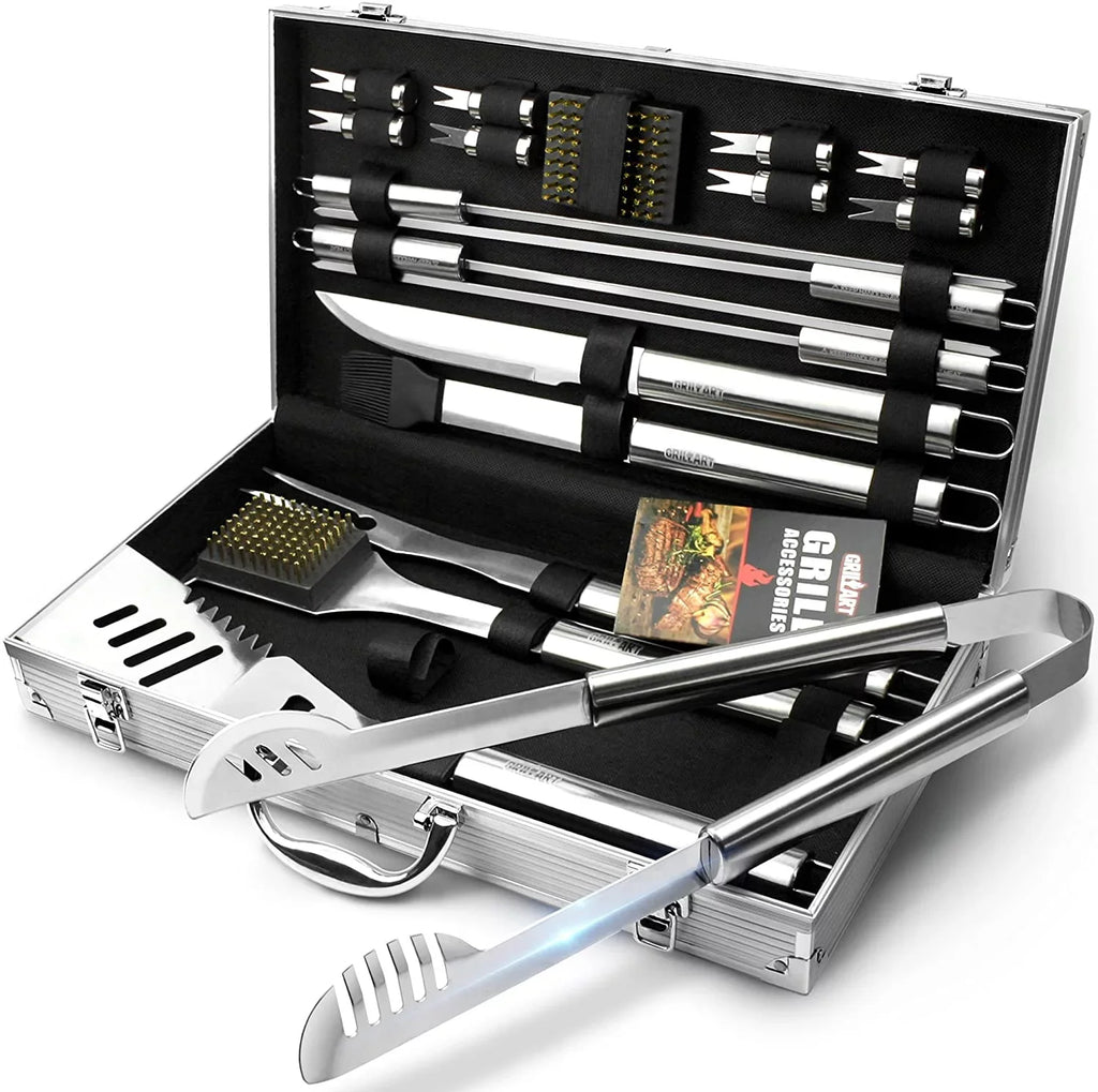 Tongs with Storage Tools Accessories Dad, Gift Reinforced for Aluminum Man Grill Outdoor Case Grilling for Birthday Utensil Kit 19-Piece Set Stainless-Steel -Complete Grill Barbecue