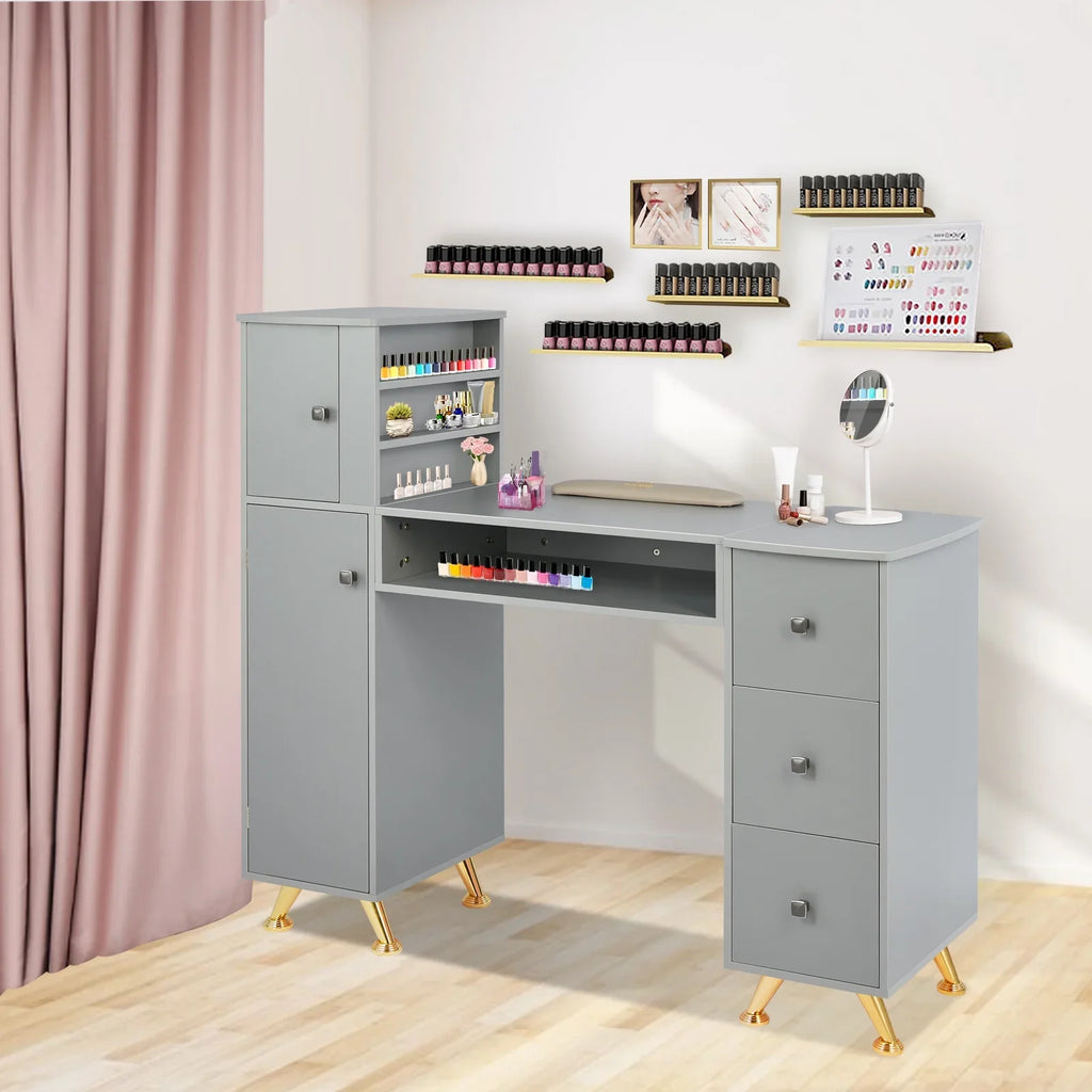 Nail Technician Acetone for Spa Home Desk Defensive for Table w/Large Mat, Beauty Storage Grey Manicure - Salon Plastic Space, Station & Rest Table w/Wrist Capacity Table Nail