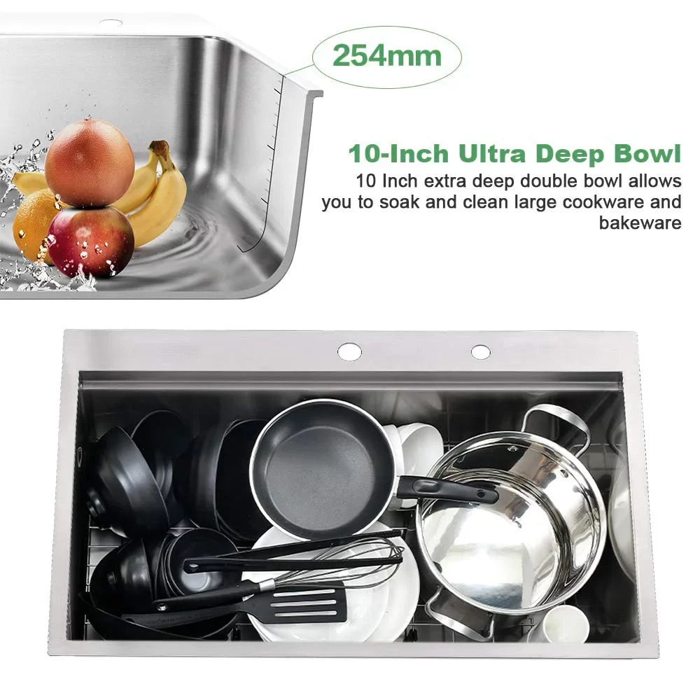 Drop-In Steel Bowl Holes Single with Faucet Sink Kitchen Stainless 2 30''