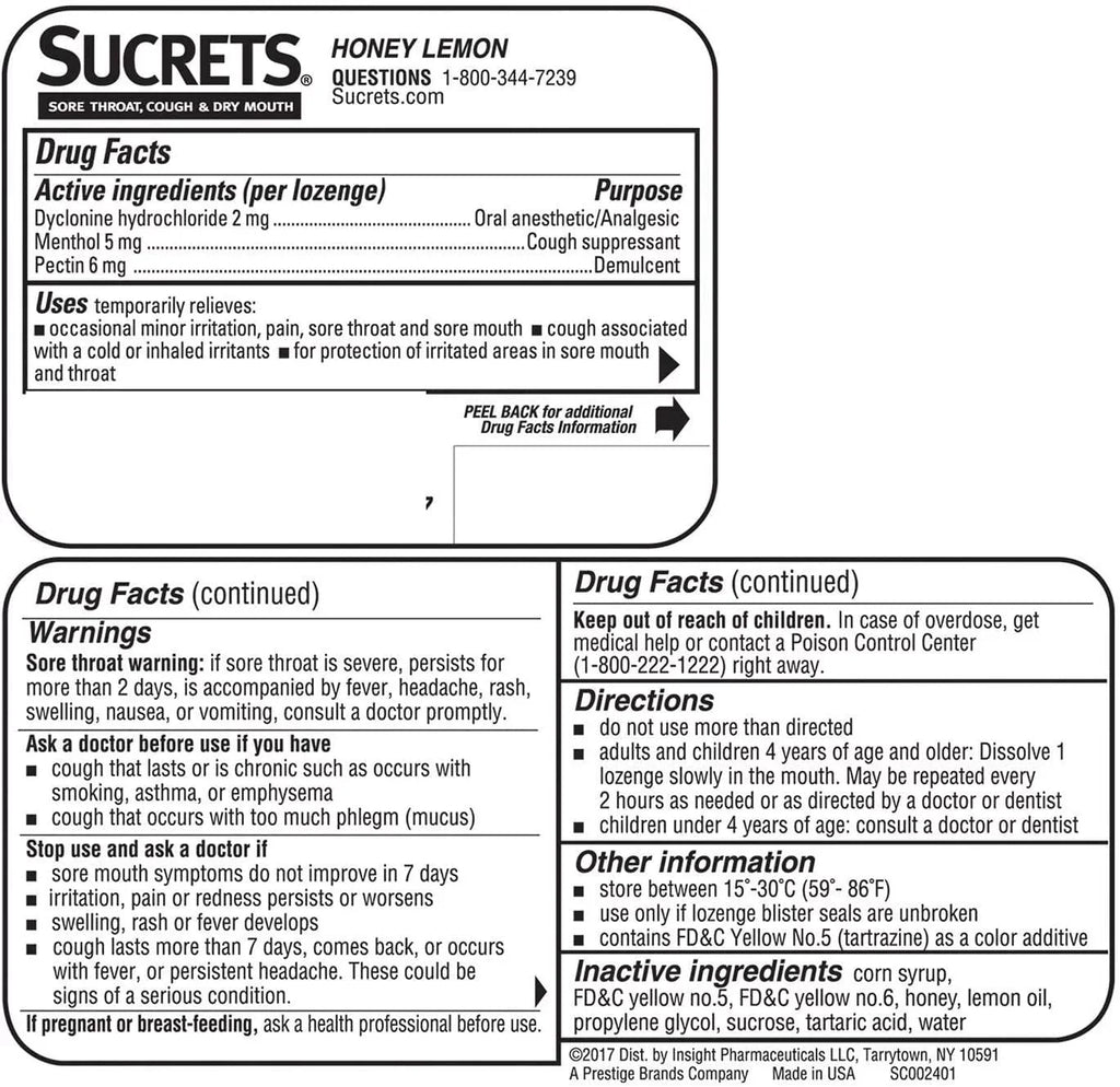 Sore Mouth Cough Lozenges, ea 18 Sucrets 4) Throat, Lemon & Honey Dry of (Pack