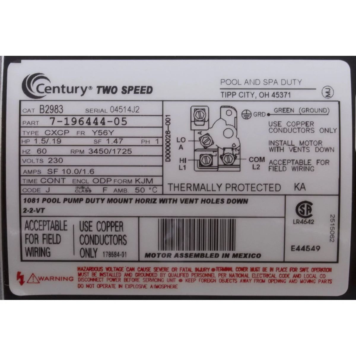 56Y 230V Motor hp 1.5 2-Speed Pool # B2983 Century Frame Square Flange