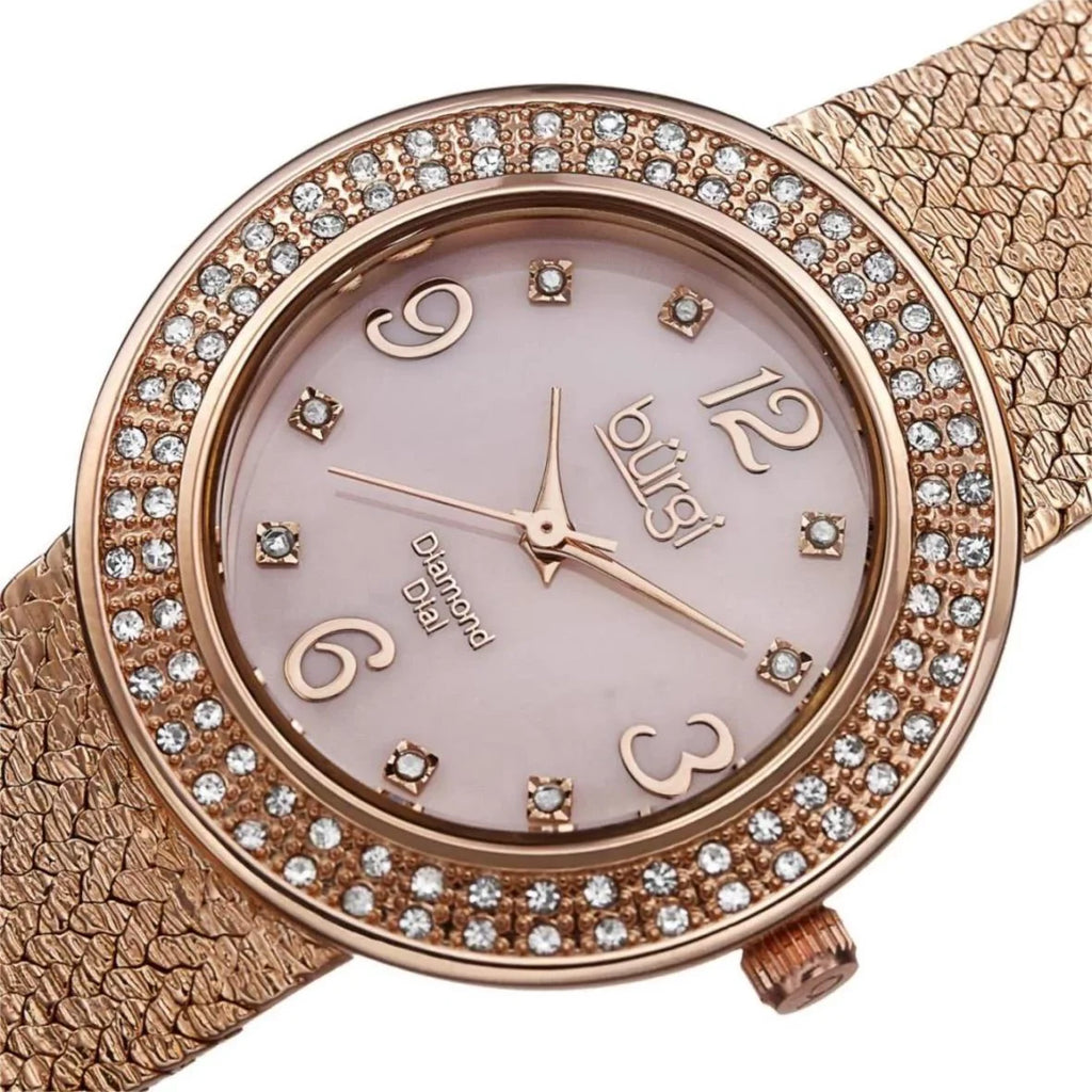 Bracelet Gold Watch Quartz Swiss Gold BUR097RG Pink Mother Crystal Accented Rose with Dial Pearl of Women's Rose and