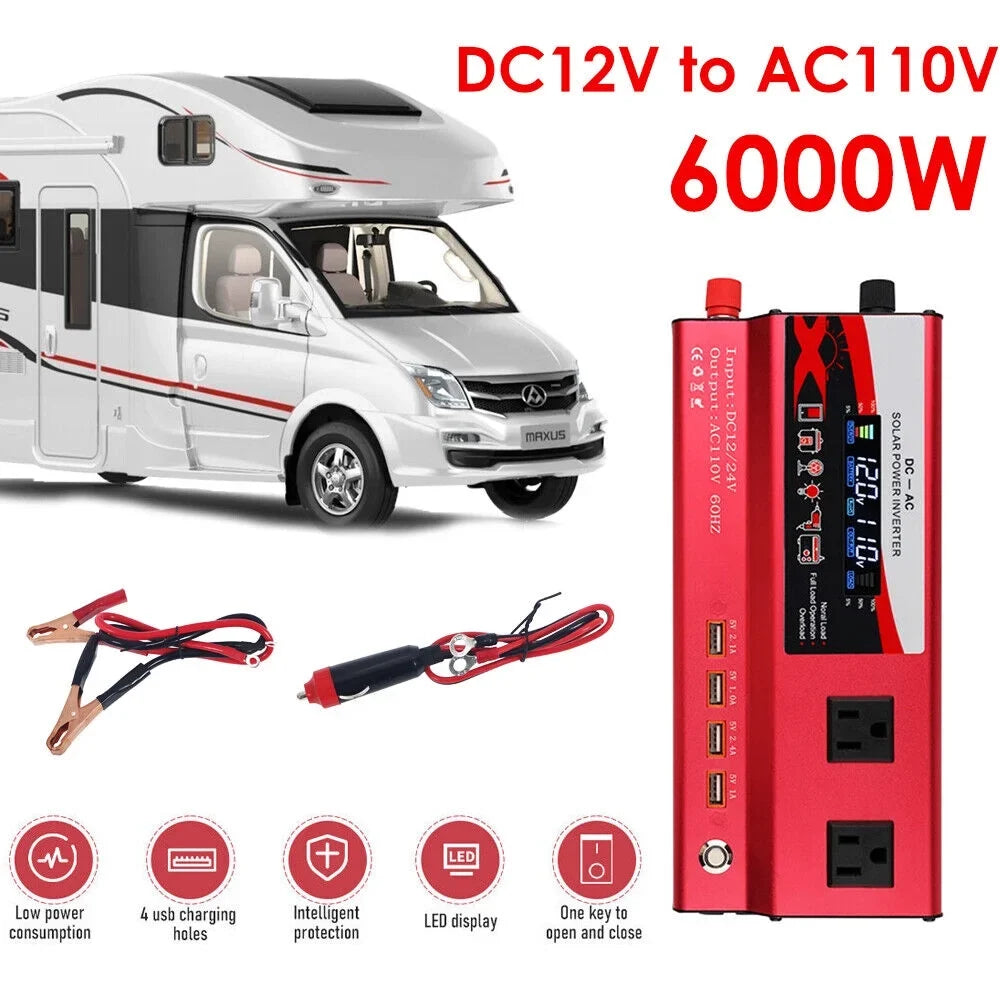 DC Converter Inverter Power RV Pure Wave 12V Sine 110V AC to 6000W Car LCD