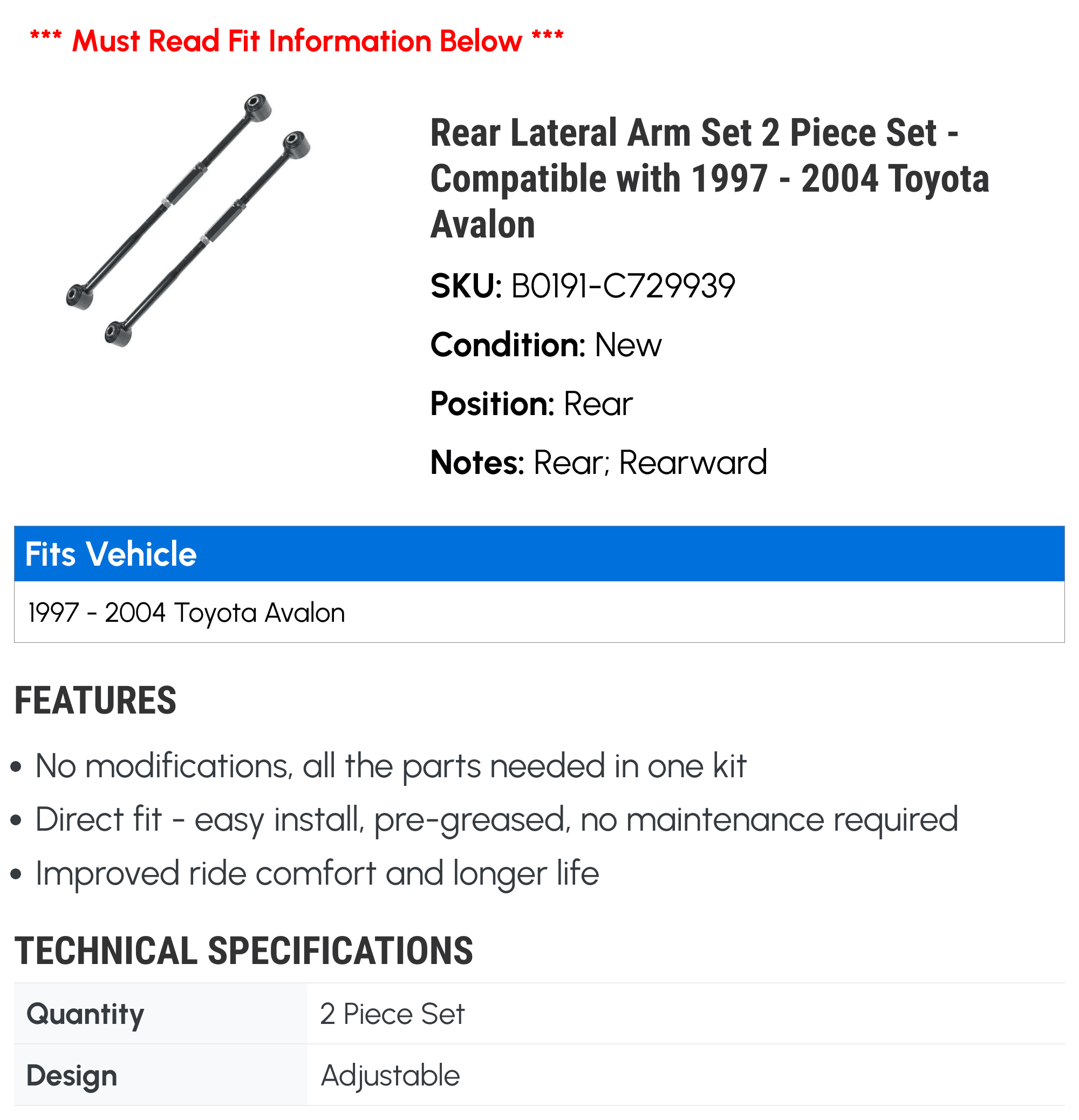 2 Avalon 2003 1997 - - 1998 Fits Set Set 1999 2001 Toyota Lateral 2000 2002 Rear 2004 Piece with Arm