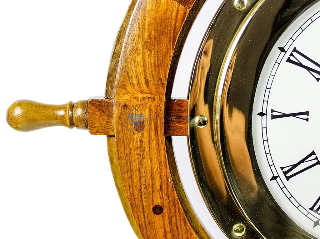 | Tim'es Vintage Brass Porthole Clock (18 Pirate's Wheel Inches) Maritime Gift Ship Full Nagina International Nautical