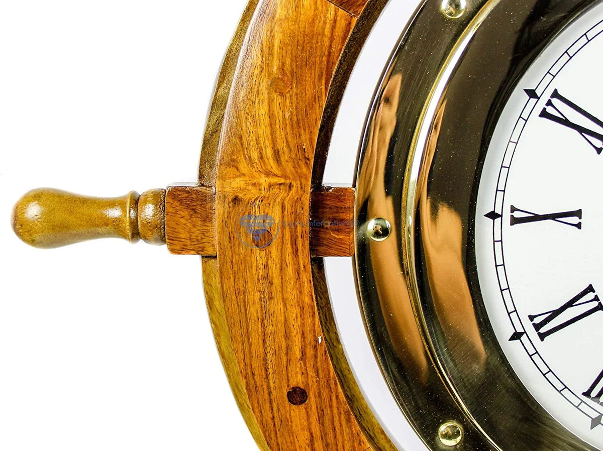 | Tim'es Vintage Brass Porthole Clock (18 Pirate's Wheel Inches) Maritime Gift Ship Full Nagina International Nautical