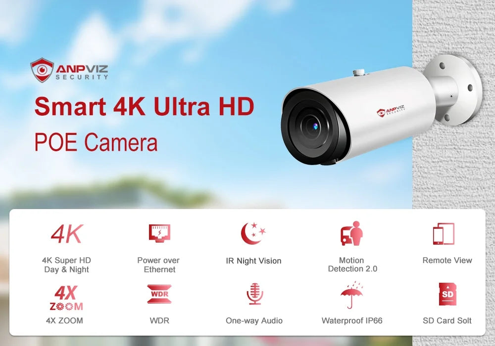 Mic Human Distance Support Camera IP66 Bullet Built ANPVIZ 4X H.265 Zoom in Vehicle IR 8MP Detection Camera 30M