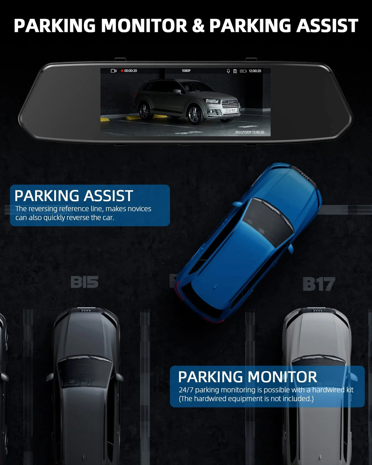 G-Sensor Motion Infrared Dash Vision, TOGUARD Front Camera Rear, 7" Dual Dash Screen, IPS 1080P Night Cam Mirror Detection, and Touch