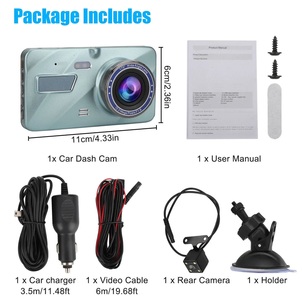 HD G-Sensor Camera View Front 2 1080P Dash Car Video DVR Recorder Lens Rear Cam