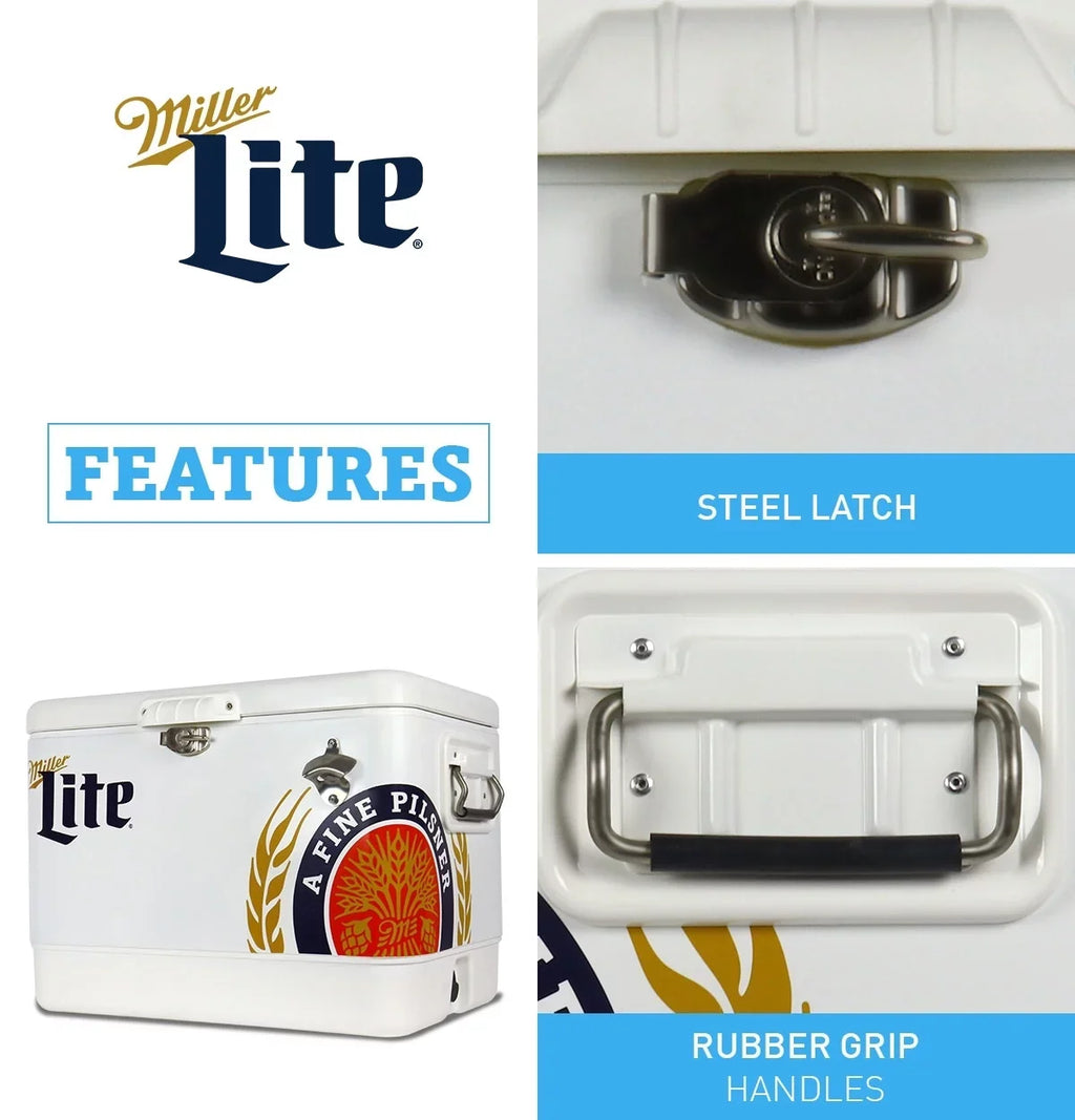 Tailgating, BBQs, RV, and steel-belted Lite Cooler Miller Can with Portable Camping, 51L (54 Cooler, 85 Blue, Beach, White Bottle Chest Opener, Fishing Beverage QT), Ice for