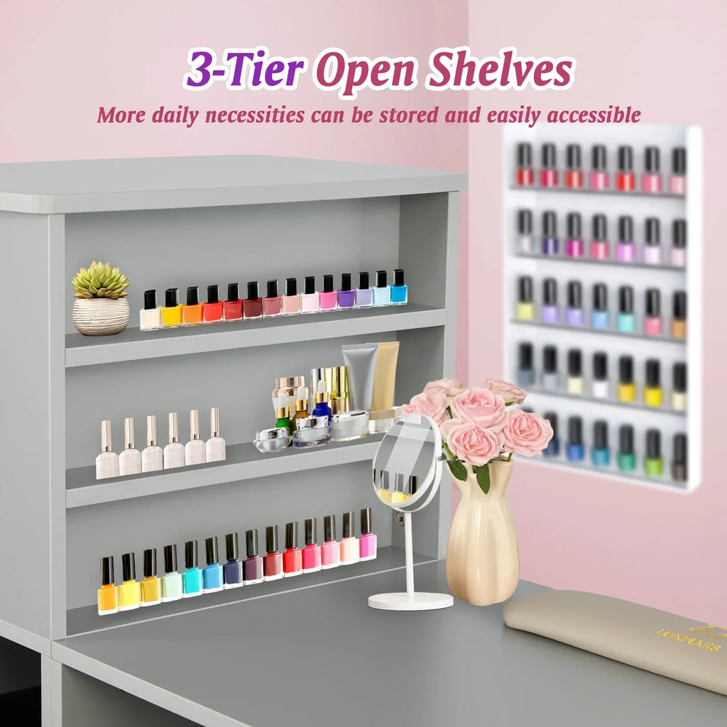 Nail Technician Acetone for Spa Home Desk Defensive for Table w/Large Mat, Beauty Storage Grey Manicure - Salon Plastic Space, Station & Rest Table w/Wrist Capacity Table Nail
