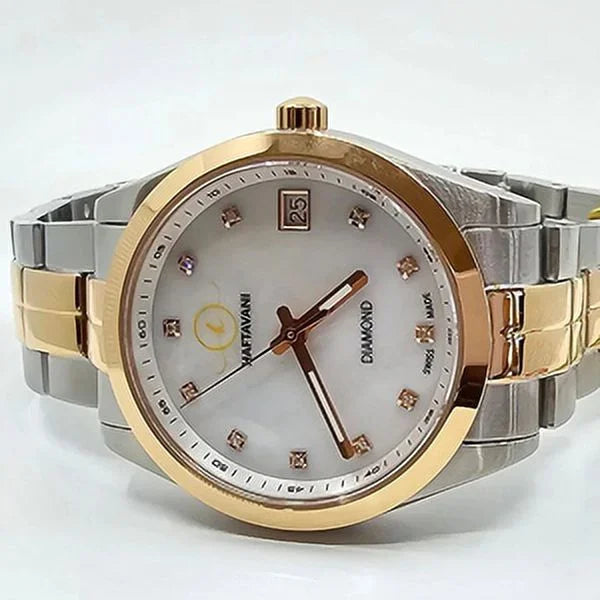 Swiss Lady Haftavani Quartz Steel Face Watch Stainless - Queen With Made Diamonds Diamond Gold Marble -100M Silver-Rose - Genuine Moistureproof Bicolour –