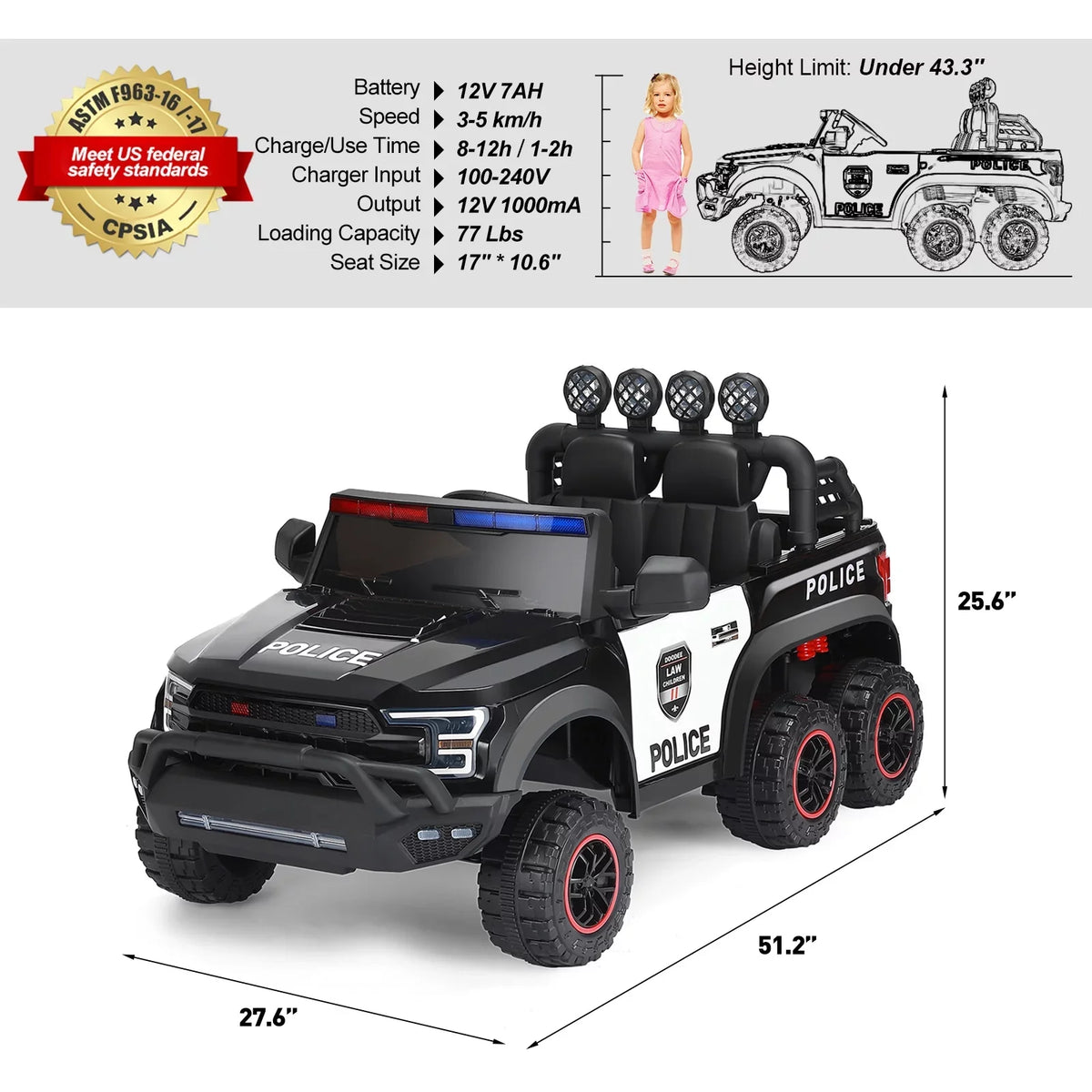 6 with Remote JOYLDIAS Car (Black) Control on Ride Kids Toy Police 12V Wheels