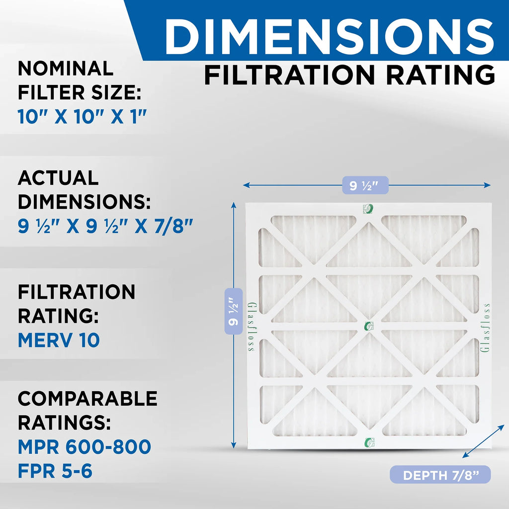 12 7/8 Actual 9-1/2 MERV Pleated 9-1/2 10x10x1 by x 10 Air of x dimension: Glasfloss. Filters Pack