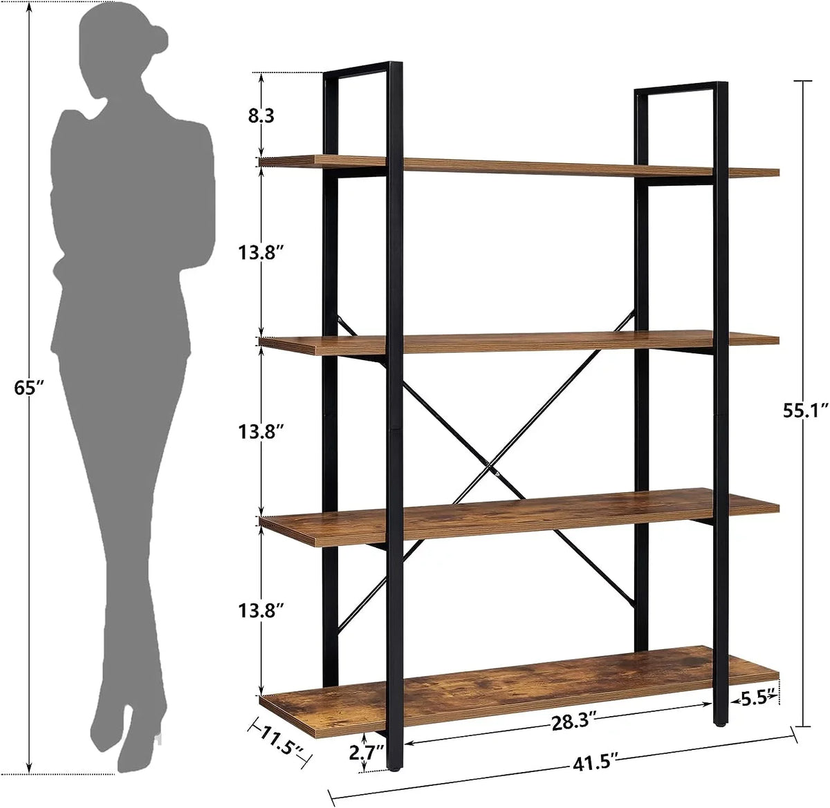 Display Office, Rustic Frame, 4-Tier DIQIN Shelf, Tall Home Shelves Bedroom, Living Book Bookshelf, Open for Bookcase Brown Metal with Room,