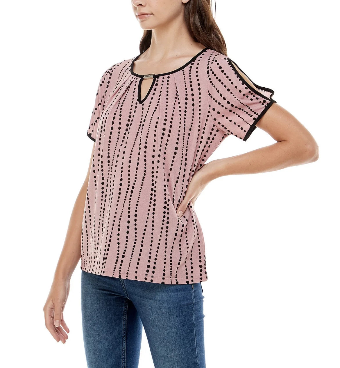 Size Women's and Contrast Top Adrienne Keyhole Sleeve Vittadini Split Binding