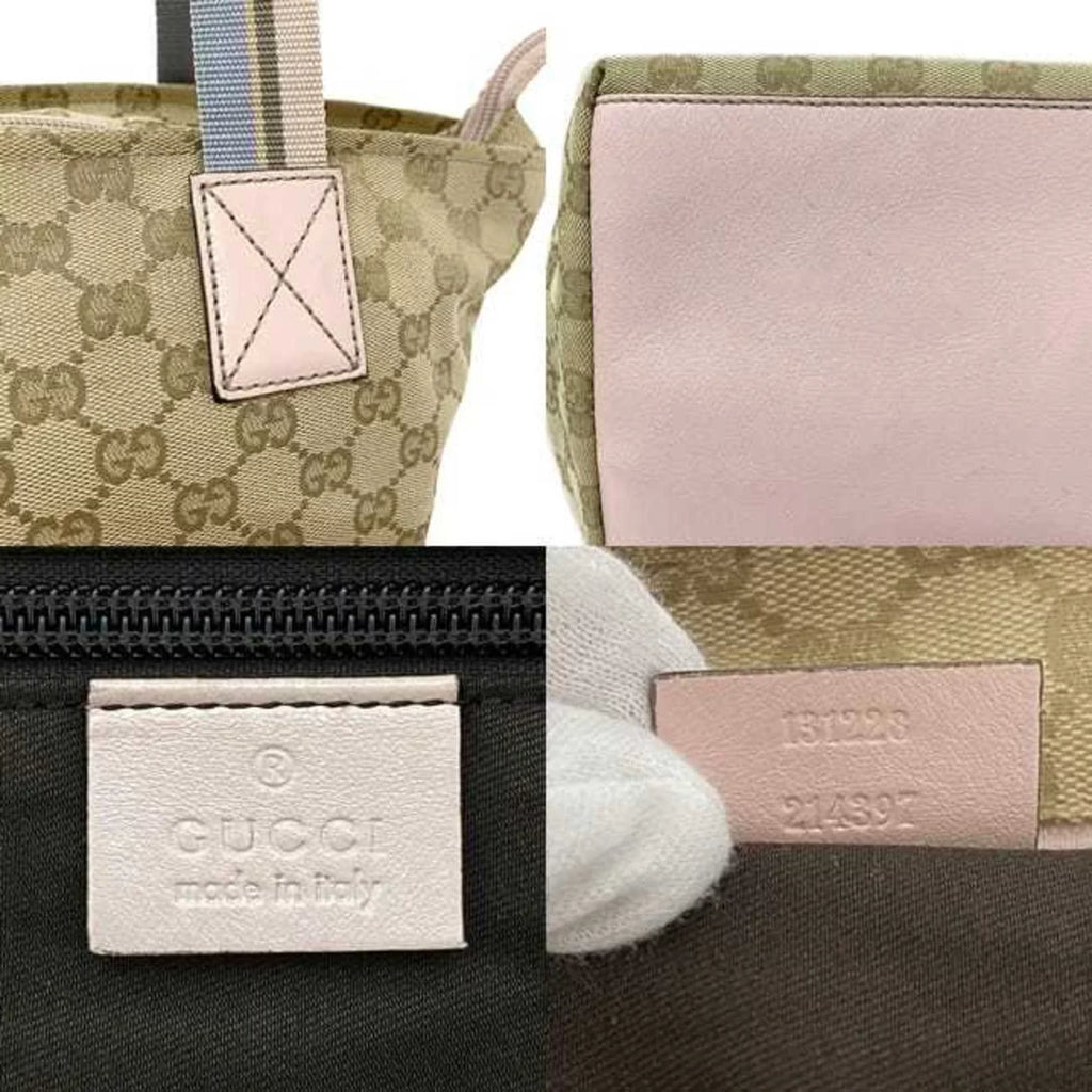 GG Beige Leather Handbag (Good) Women's Pink Blue Tote Bag Pastel Pre-Owned Canvas 131228
