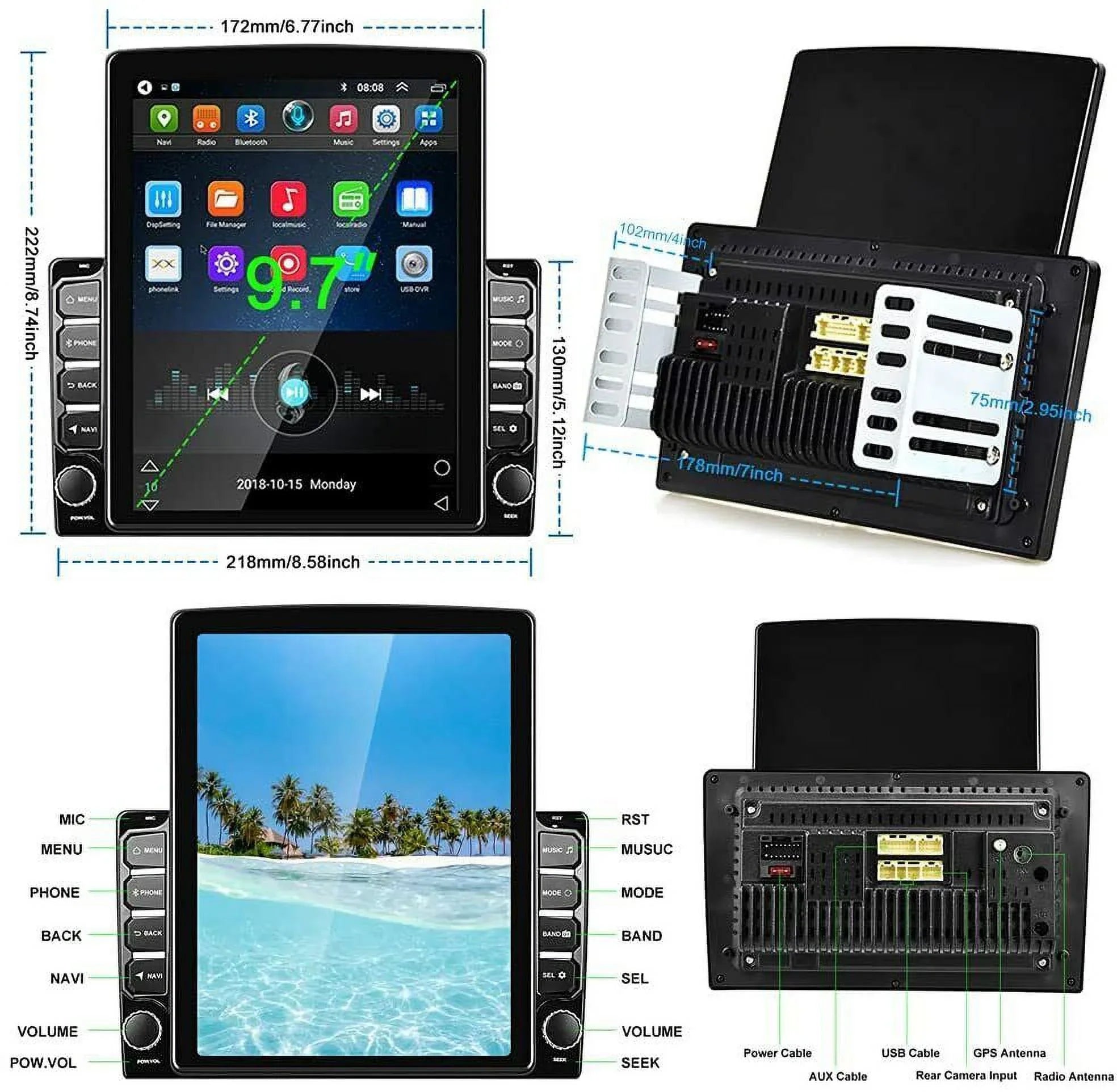Screen Stereo Reversing Input Navigation Touch KingFurt Radio Music Camera Car 9.7" Universal Bluetooth