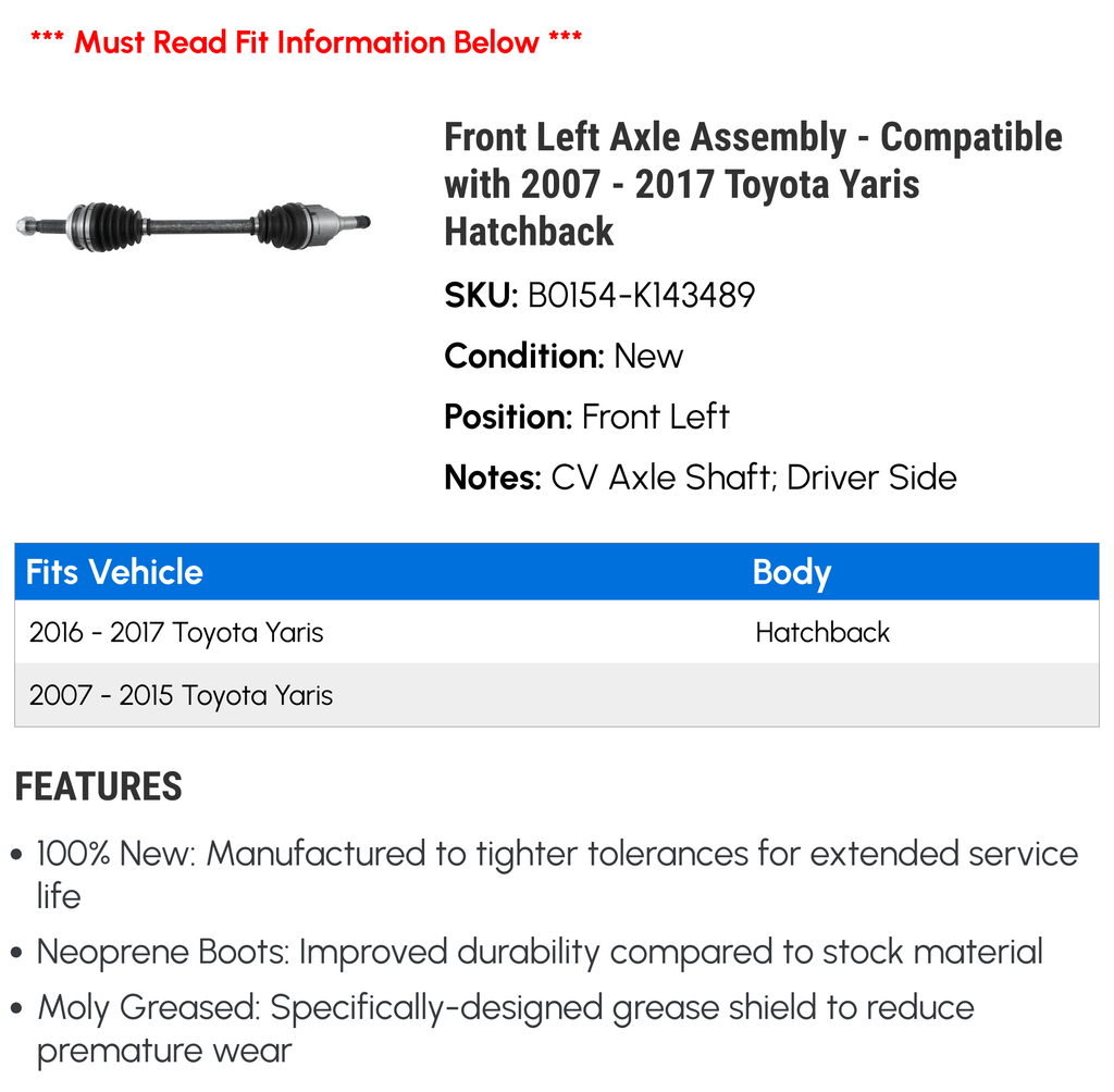 Assembly Hatchback - 2009 2013 2011 2008 Toyota 2012 Axle 2007 Yaris 2016 Left 2014 Front Fits 2017 2010 2015 with -