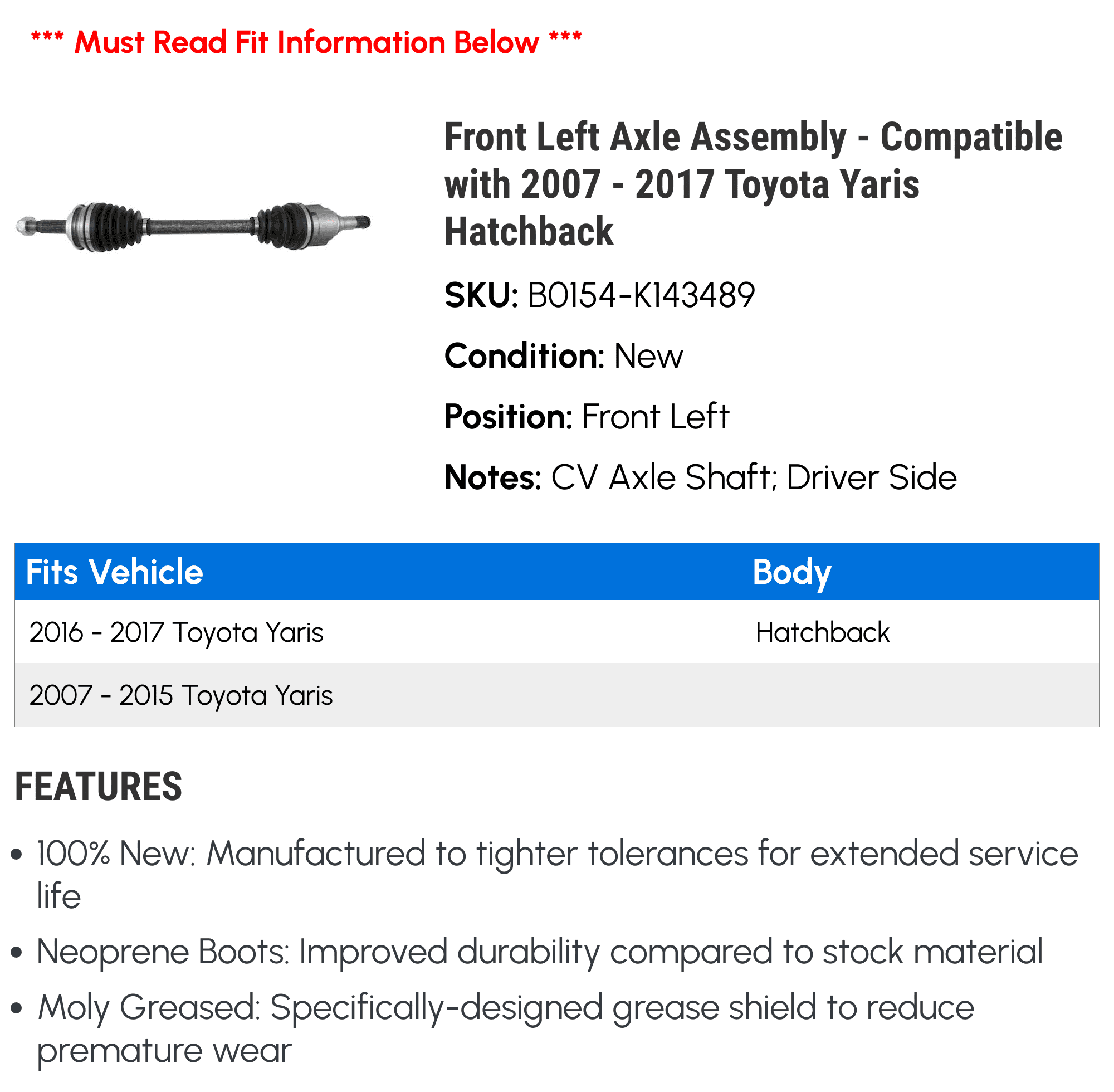 Assembly Hatchback - 2009 2013 2011 2008 Toyota 2012 Axle 2007 Yaris 2016 Left 2014 Front Fits 2017 2010 2015 with -