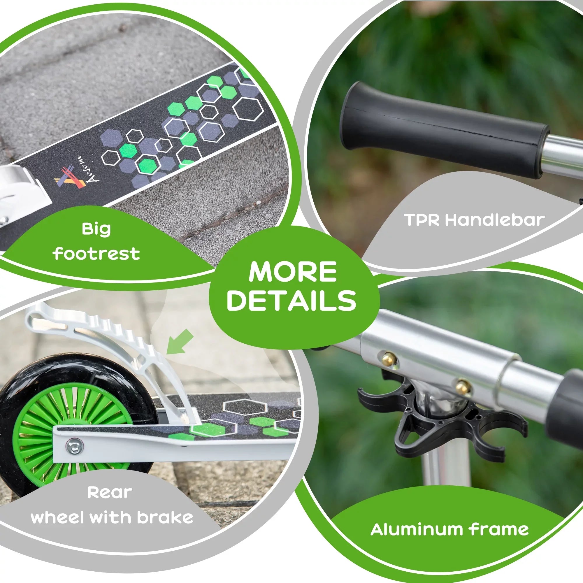 One-click Push Aosom Scooter Folding Handlebar, Kick w/ Kickstand, System, Girls, and & Adjustable with for Kids Boys Rider Dual Brake Durable Bearings, White Wheels Sturdy