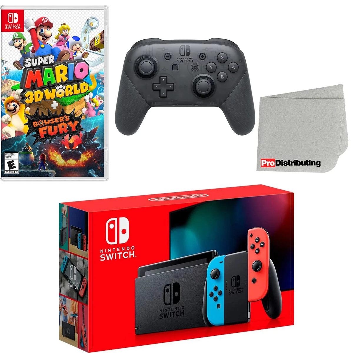 Cleaning + with 3D World and Nintendo Blue Mario Bowser’s Extra Console Switch Cloth Fury Wireless Super Red & Neon Controller, Screen