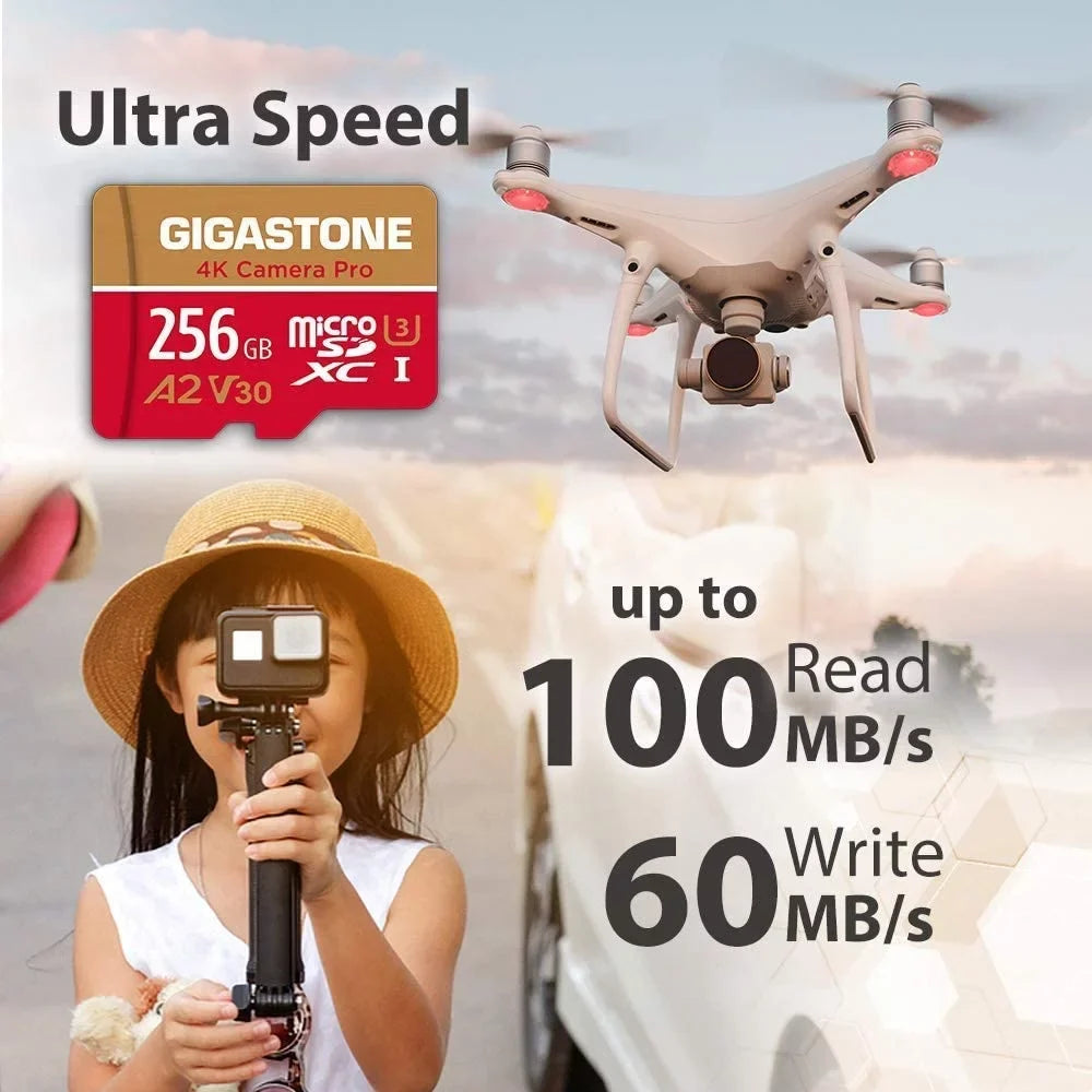 Dash Gigastone Switch, with 4K Micro (2x256GB) Recording, Pro, to A1 Camera 10, Cameras, SD compatible Nintendo Cam, V30 R/W Card, MB/s, SDXC Micro up UHS-I Pack 100/50 4K 256GB Class GoPro 2 Video