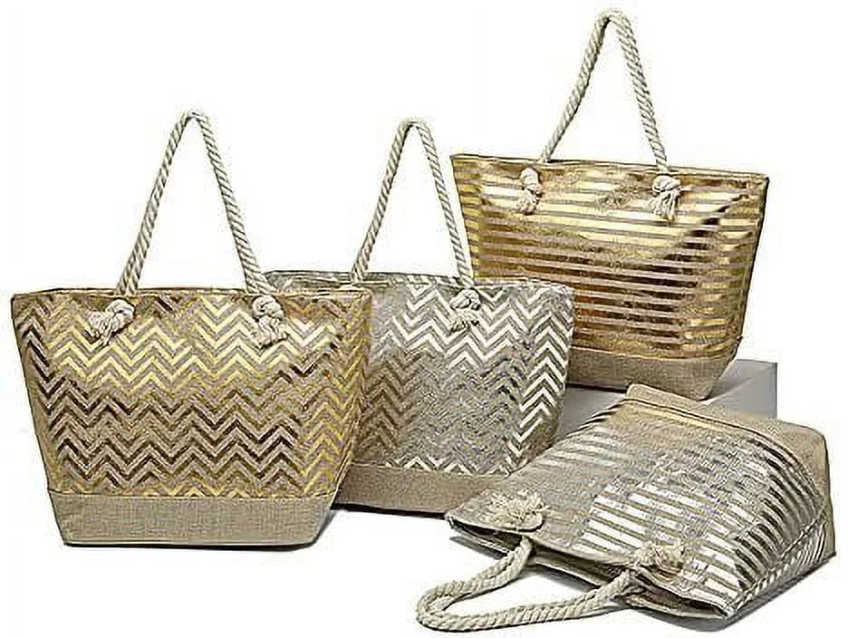Print Tote Beach Chevron or Bag Initial, Gold - with Metallic or Large - be Silver Personalized Pattern with Women Stripe Stripe Top Zipper Can Name Gold Monogram - or