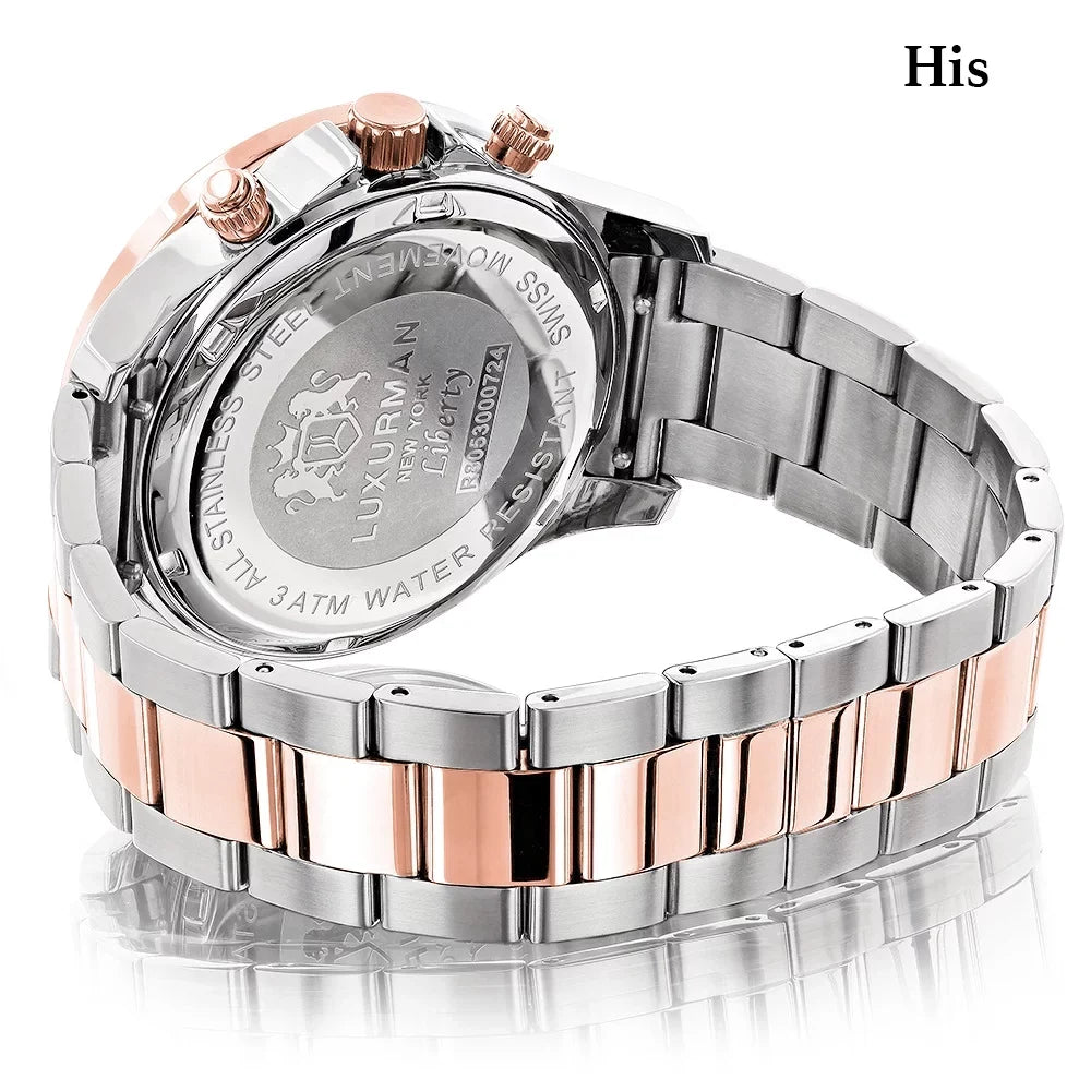 Watches: 18k Plated and & Mvt Swiss Diamond 1.7ct Set Hers Gold Rose Watch His Matching White