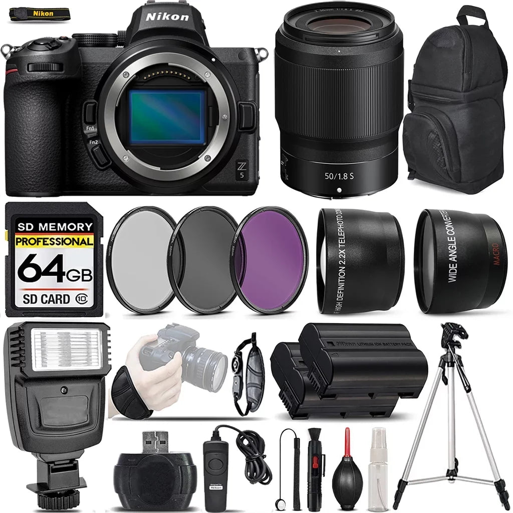 Angle Wide f/1.8 + Mirrorless Digital Remte Card + Lens + 2.2x International Nikon + Memory S 64GB Version Filters Lens UV-CPL-FLD + Wireless + with - Camera 0.43X Z5 50mm Telephoto Lens Flash