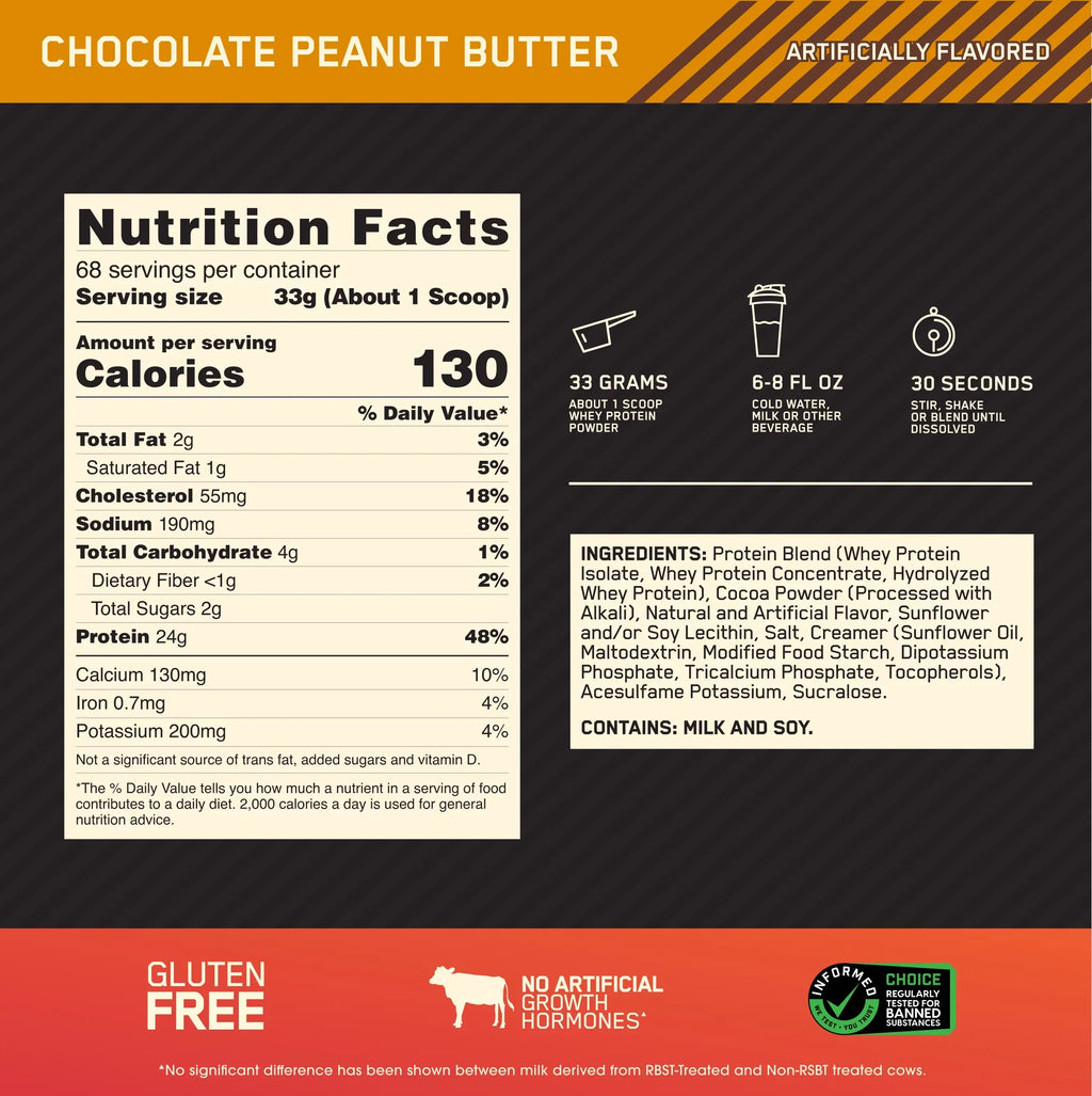 Chocolate Whey Gold Servings Standard Powder, Peanut 100% 5 Butter, lb, Nutrition, Optimum Protein 68