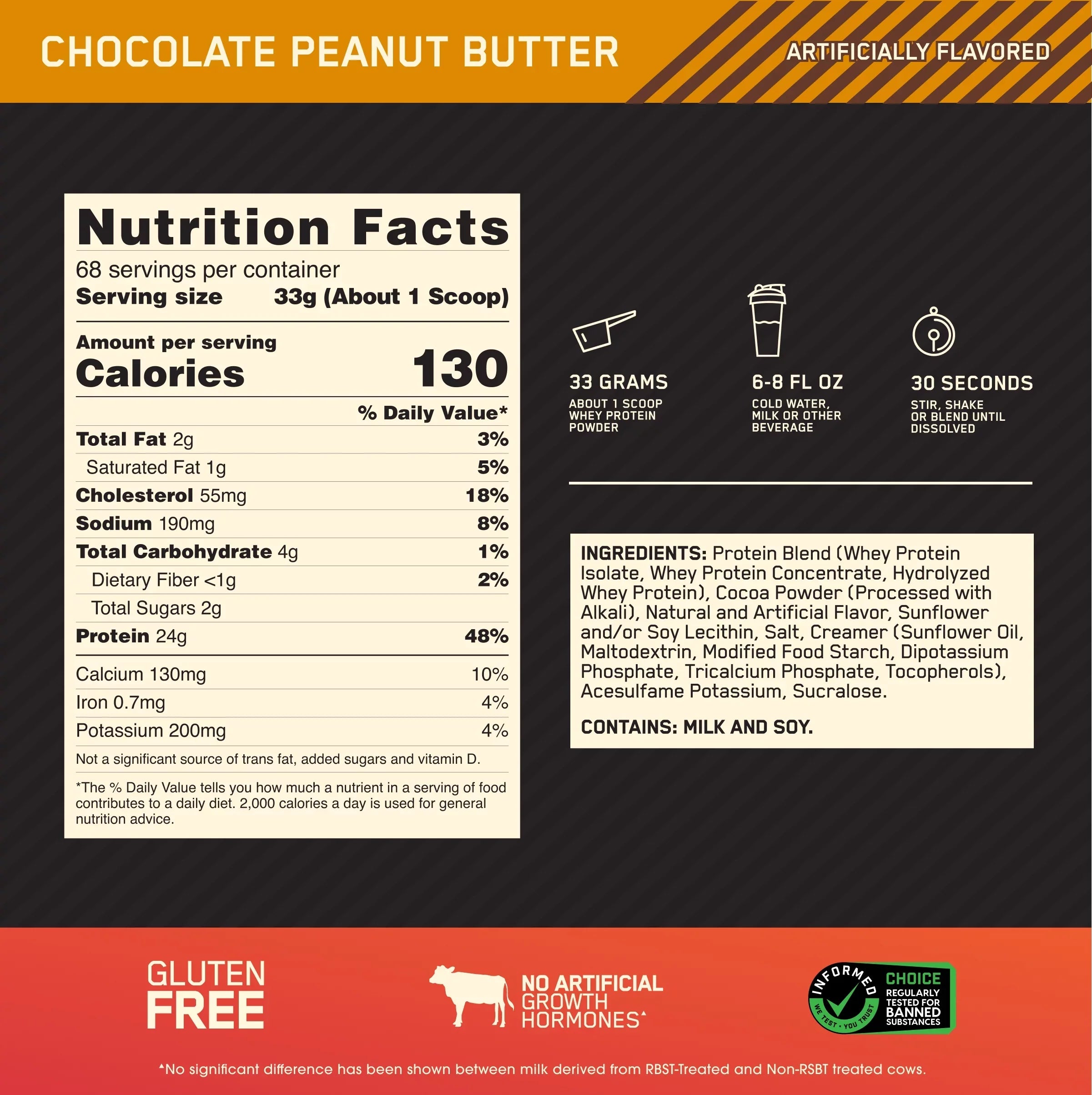 Chocolate Whey Gold Servings Standard Powder, Peanut 100% 5 Butter, lb, Nutrition, Optimum Protein 68