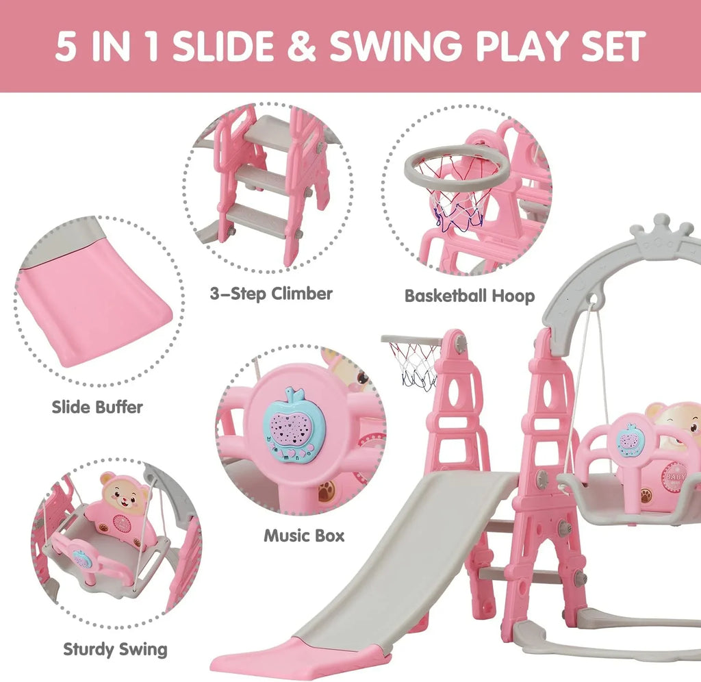 Set, Stairs, Indoor 1 Slide Kinbor for Basketball Climber Slide Extra Easy Toddler Pink in & Slide Baby Playset with Playground Outdoor 5 & Hoop, Swing Climb Long