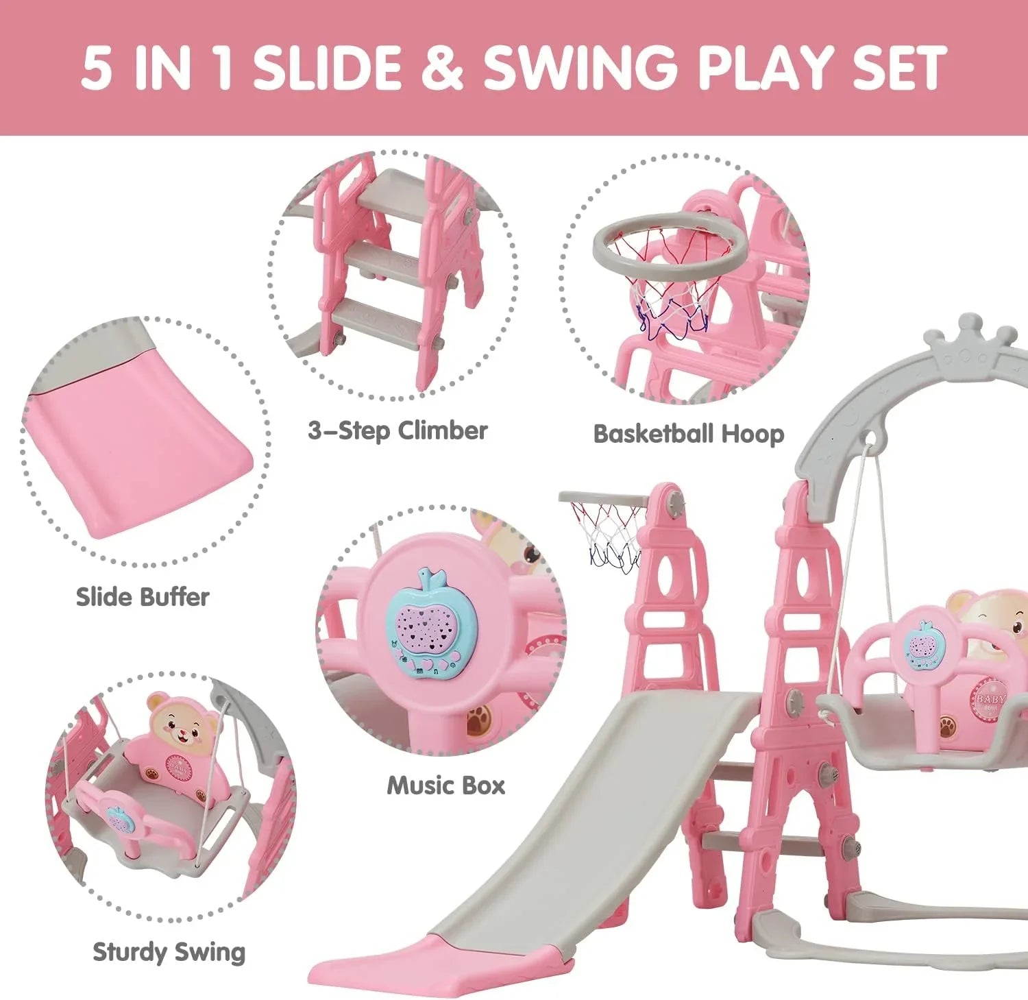 Set, Stairs, Indoor 1 Slide Kinbor for Basketball Climber Slide Extra Easy Toddler Pink in & Slide Baby Playset with Playground Outdoor 5 & Hoop, Swing Climb Long