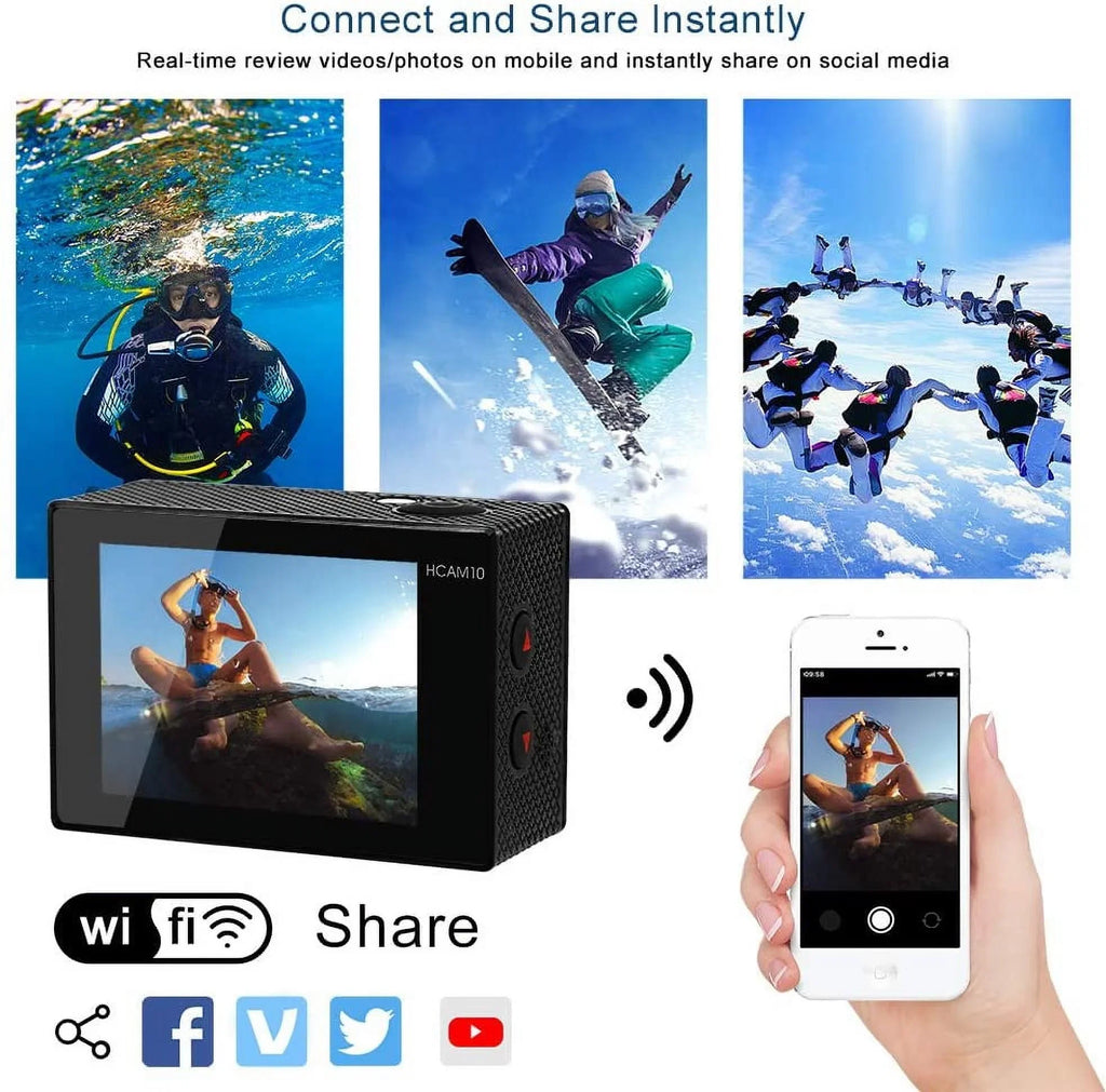 Sports Camera Wide Vlog Charger Lens WiFi Outdoor Camera Case Moistureproof with Action Remote with with Battery Accessories Mount Angle 4K Kit for Underwater Camera Video