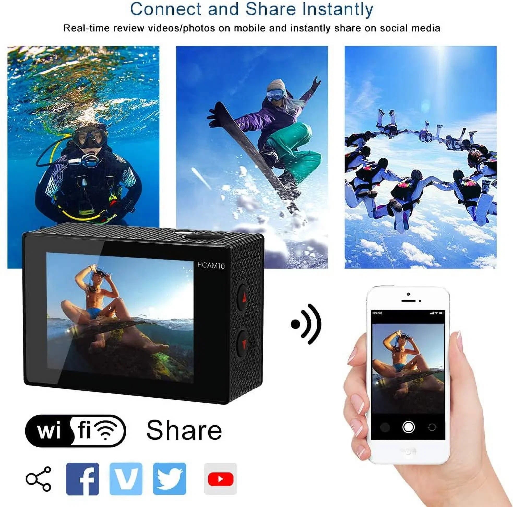 Sports Camera Wide Vlog Charger Lens WiFi Outdoor Camera Case Moistureproof with Action Remote with with Battery Accessories Mount Angle 4K Kit for Underwater Camera Video