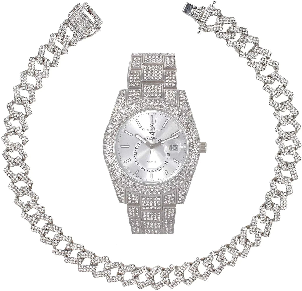 Bling'ed Ice Out Silver Blast! Trim Necklace Out Hip Matching with Raymond - with Rolly Blinged Sets Zig Hop Iced Zag Looks Necklace Charles Sets Wristwatch Band and on Out -