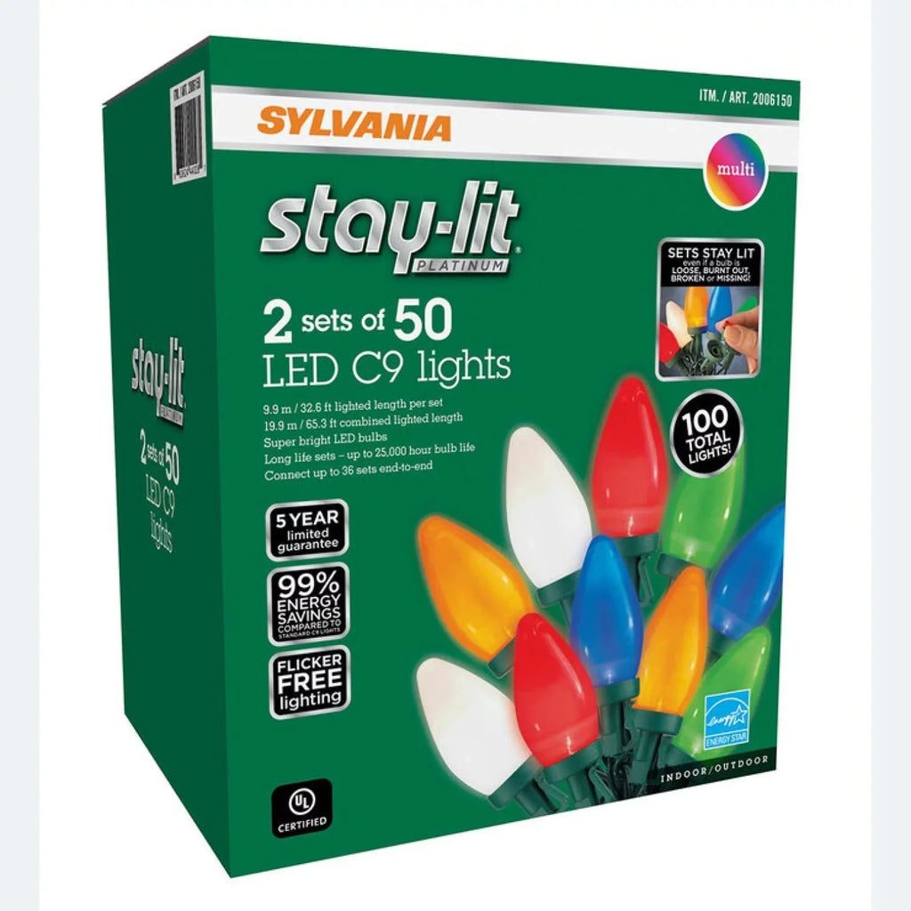 C9 Lights. Lights / Length 32.6 Lights 50 Each Sets Stay-lit Platinum Indoor/Outdoor Sylvania - Christmas String m of 2 9.9 ft
