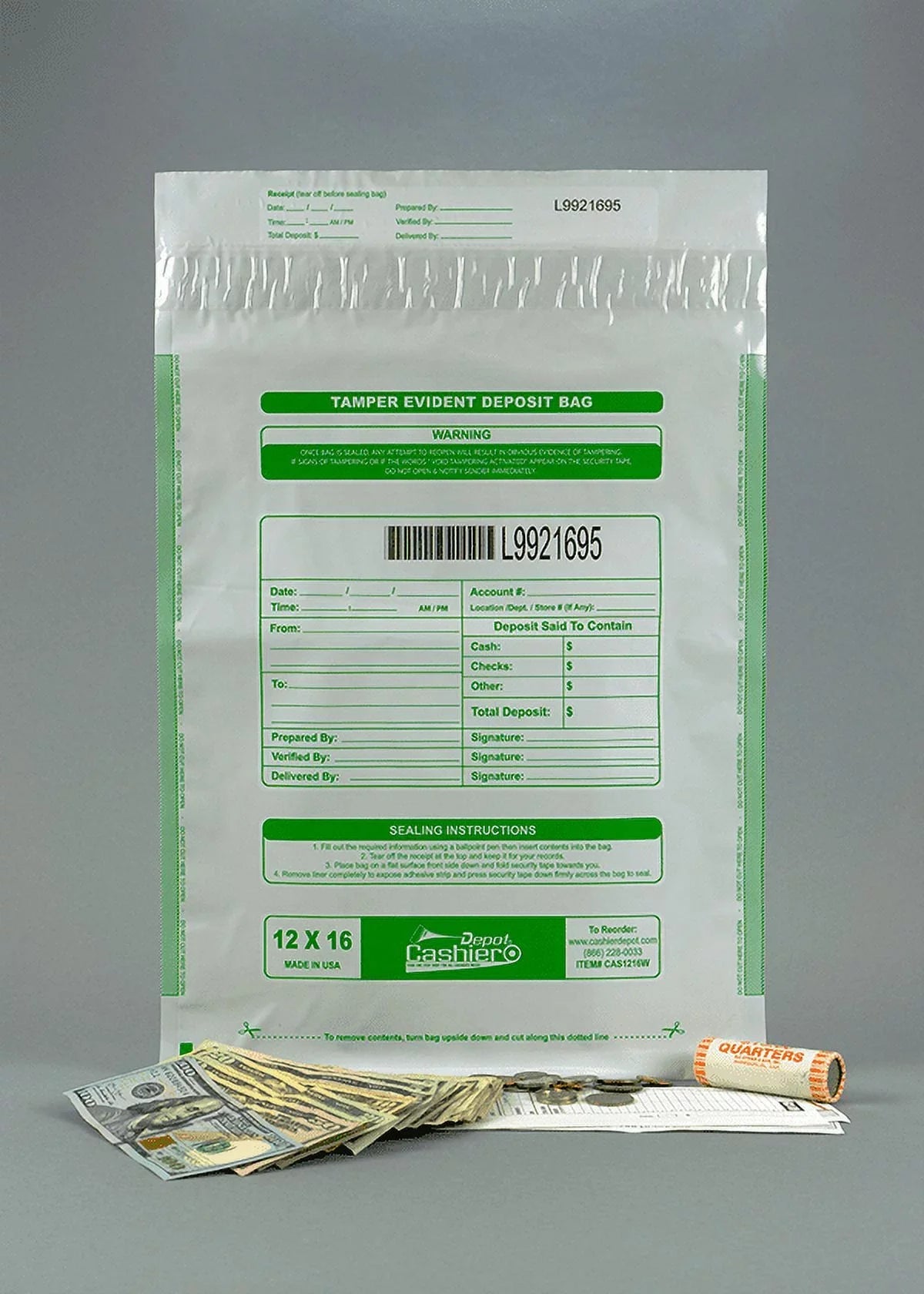 Cashier x & Depot Deposit Tape Bags) Seal Void Press (100 12" Evident Closure 16" Barcode, Bags, Tamper Numbering, Serialized White,