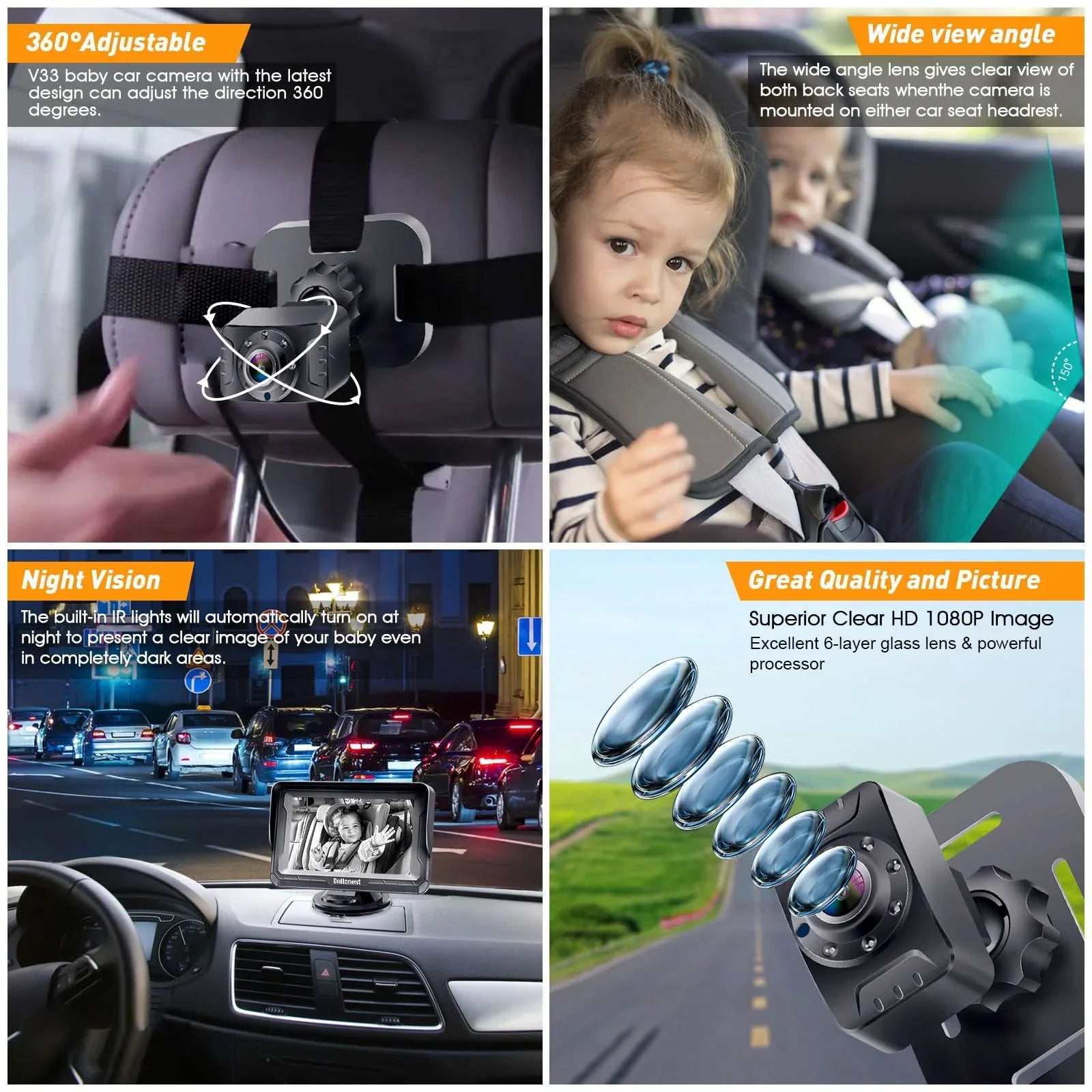 Easy -V33 Backseat DoHonest Vision 3 Plug and Kids 360&deg; Rear Crystal Car Baby Car Camera Night with Play Install 1080P: Two Monitor Facing Camera Rotating Baby Camera Mins