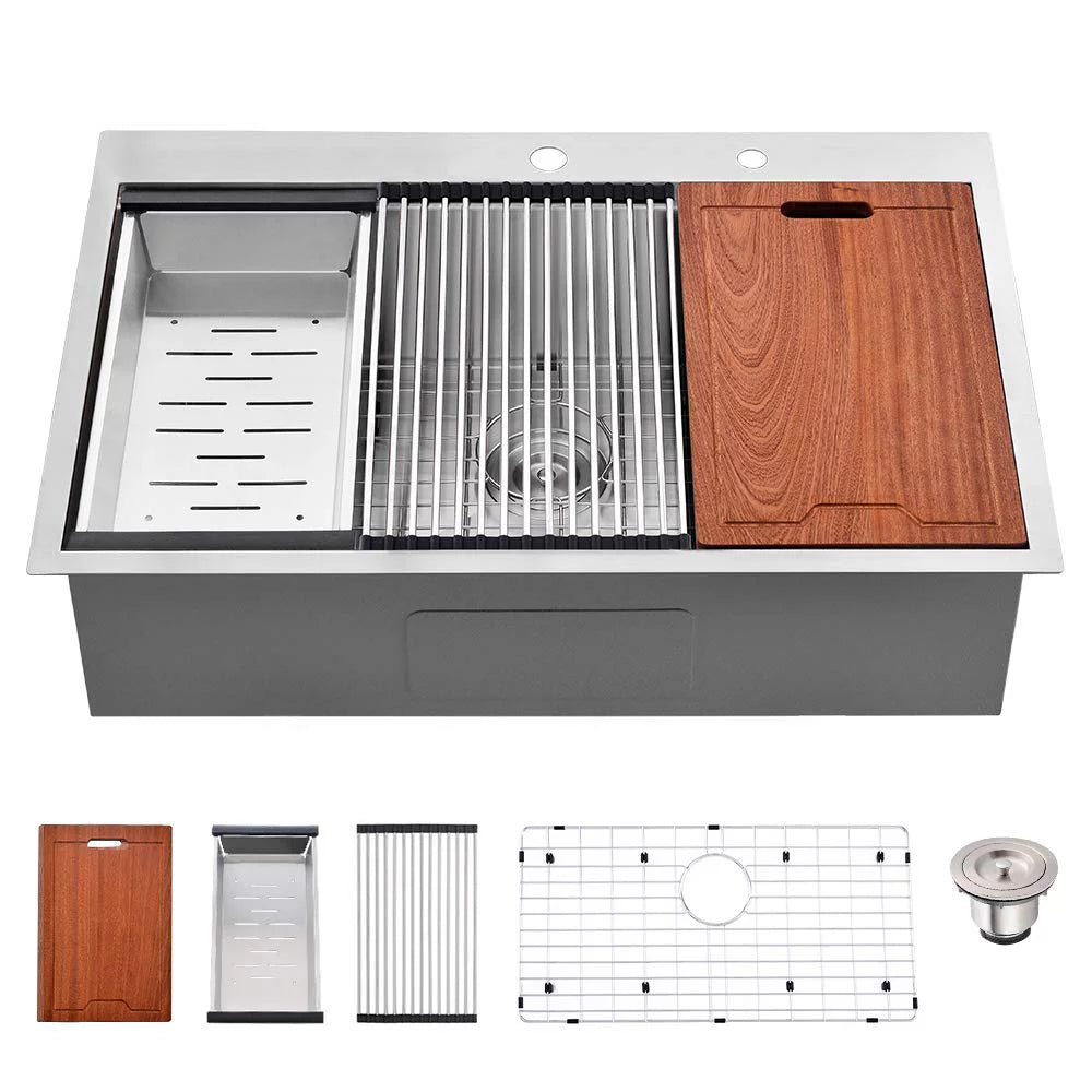 Drop-In Steel Bowl Holes Single with Faucet Sink Kitchen Stainless 2 30''