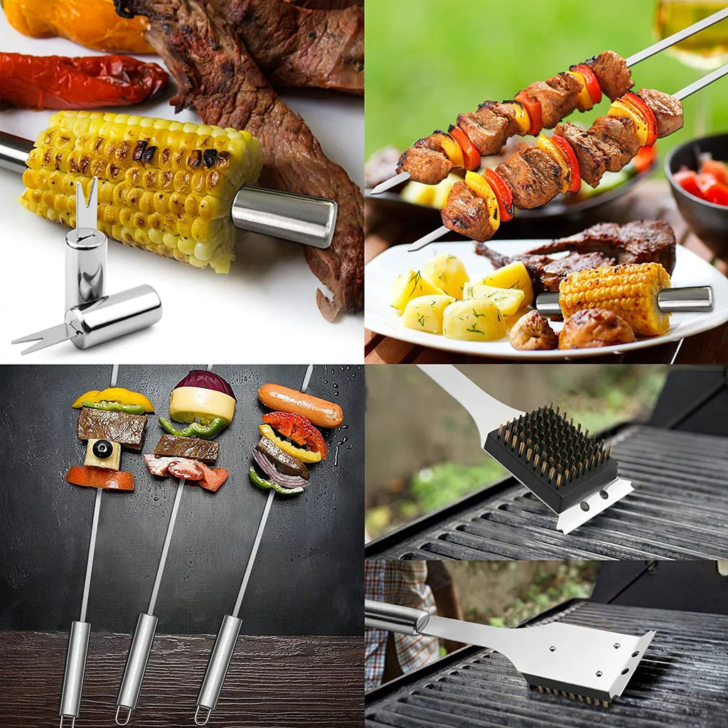 Tongs with Storage Tools Accessories Dad, Gift Reinforced for Aluminum Man Grill Outdoor Case Grilling for Birthday Utensil Kit 19-Piece Set Stainless-Steel -Complete Grill Barbecue